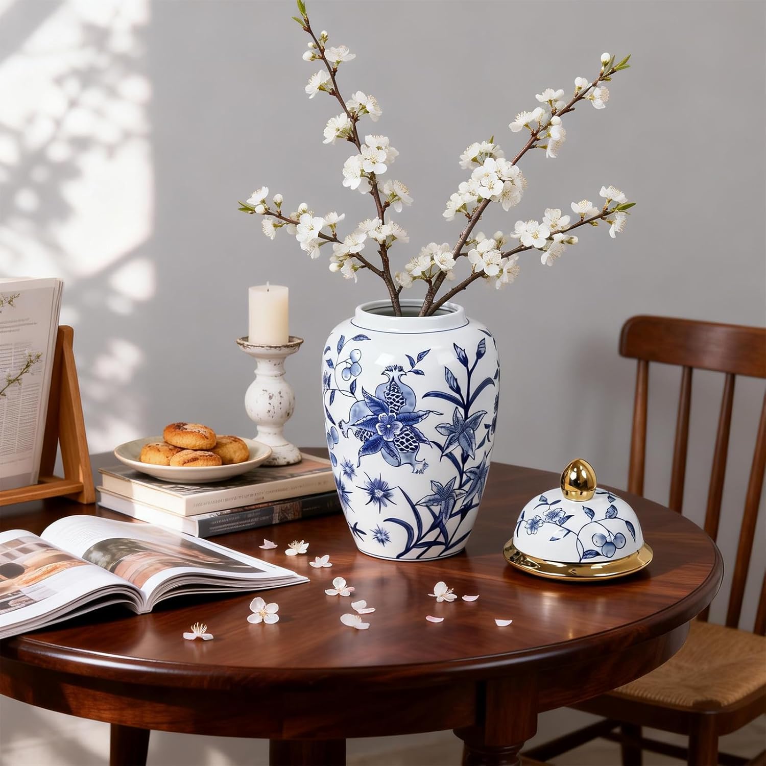 16" H Blue & White Floral Ceramic Ginger Jar with Lid - Elegant Urn Shape Vases for Centerpieces, Home Décor Accents Porcelain Jar for Tea Storage or Entryway Table Decor