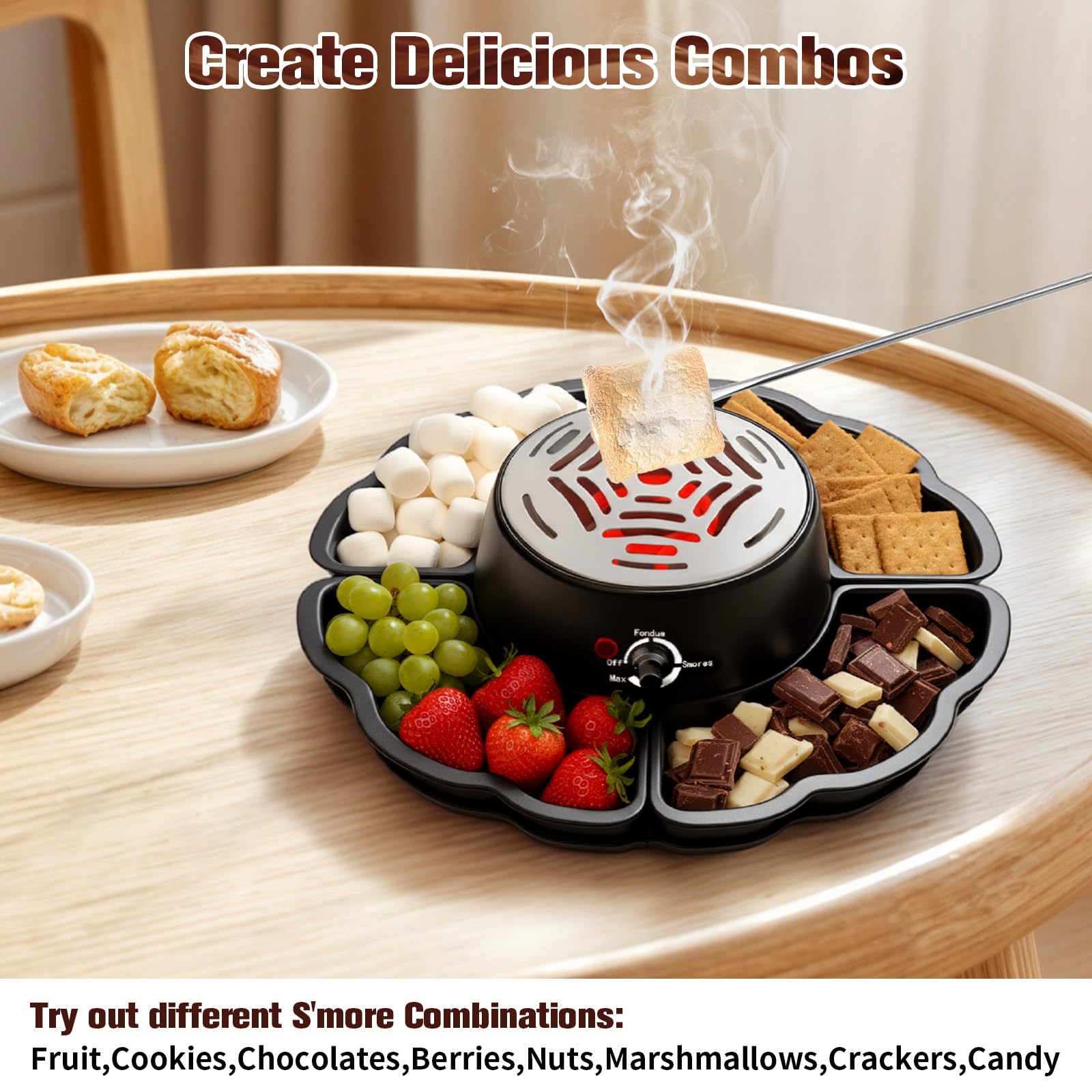 2-in-1 Smores Maker & Schokoladenfondue Set – S'Mores Set für Innenräume, Flammenloser Röster mit 4 Abnehmbaren Tabletts & 4 Grillgabeln, für Partys und Geschenke