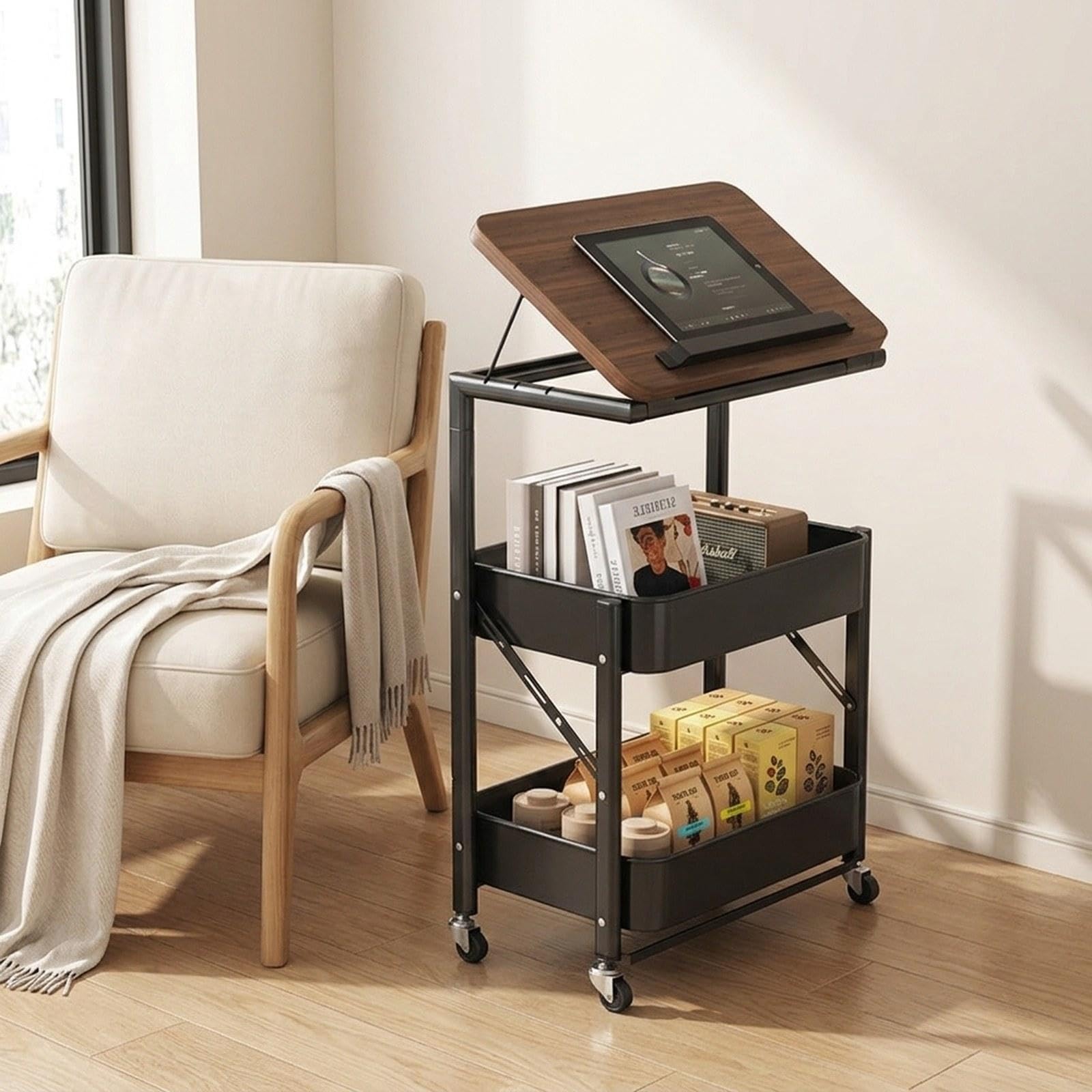 Carrito utilitario con Ruedas, Organizador versátil, Noche portátil con Estante para el hogar, Sala Estar, Negro