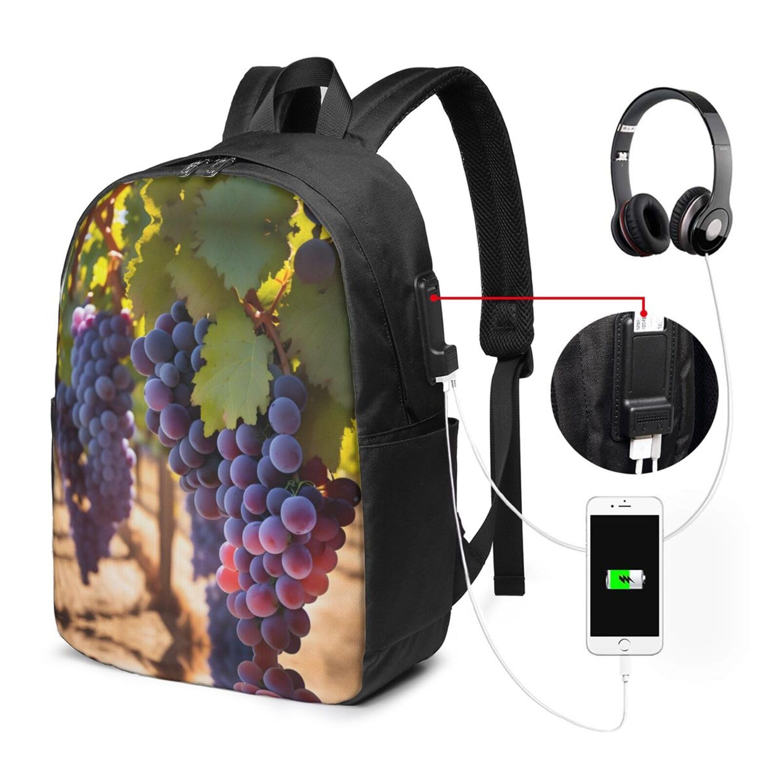 Zaino per computer portatile, con porta USB e cuffie, tracolla regolabile