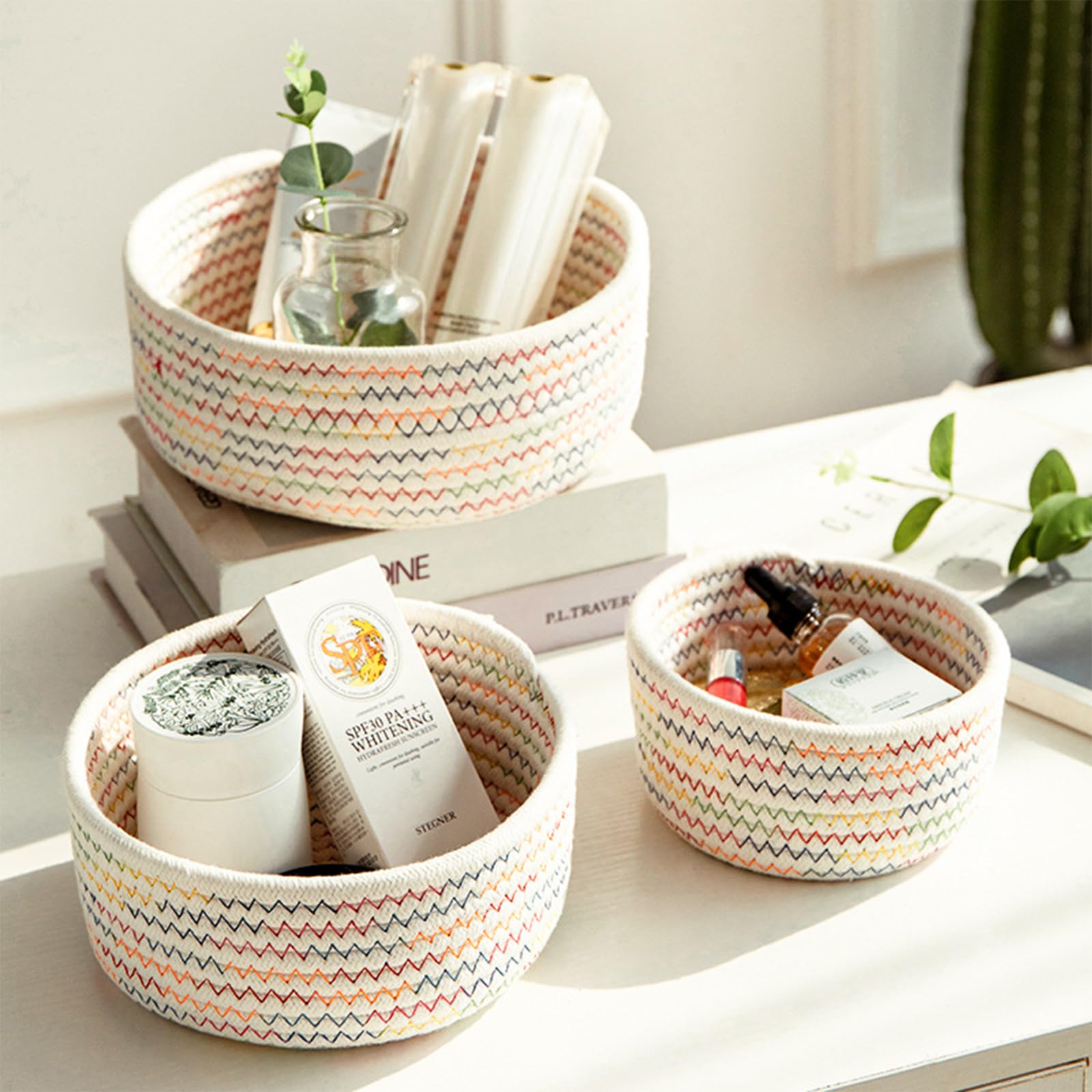Lxoraziy Shelf Storage Baskets, Pack of 3 Cotton Rope Woven Bathroom Storage Basket, Stackable Set For Living Room, Bedroom, Office, Bathroom( Colorful)