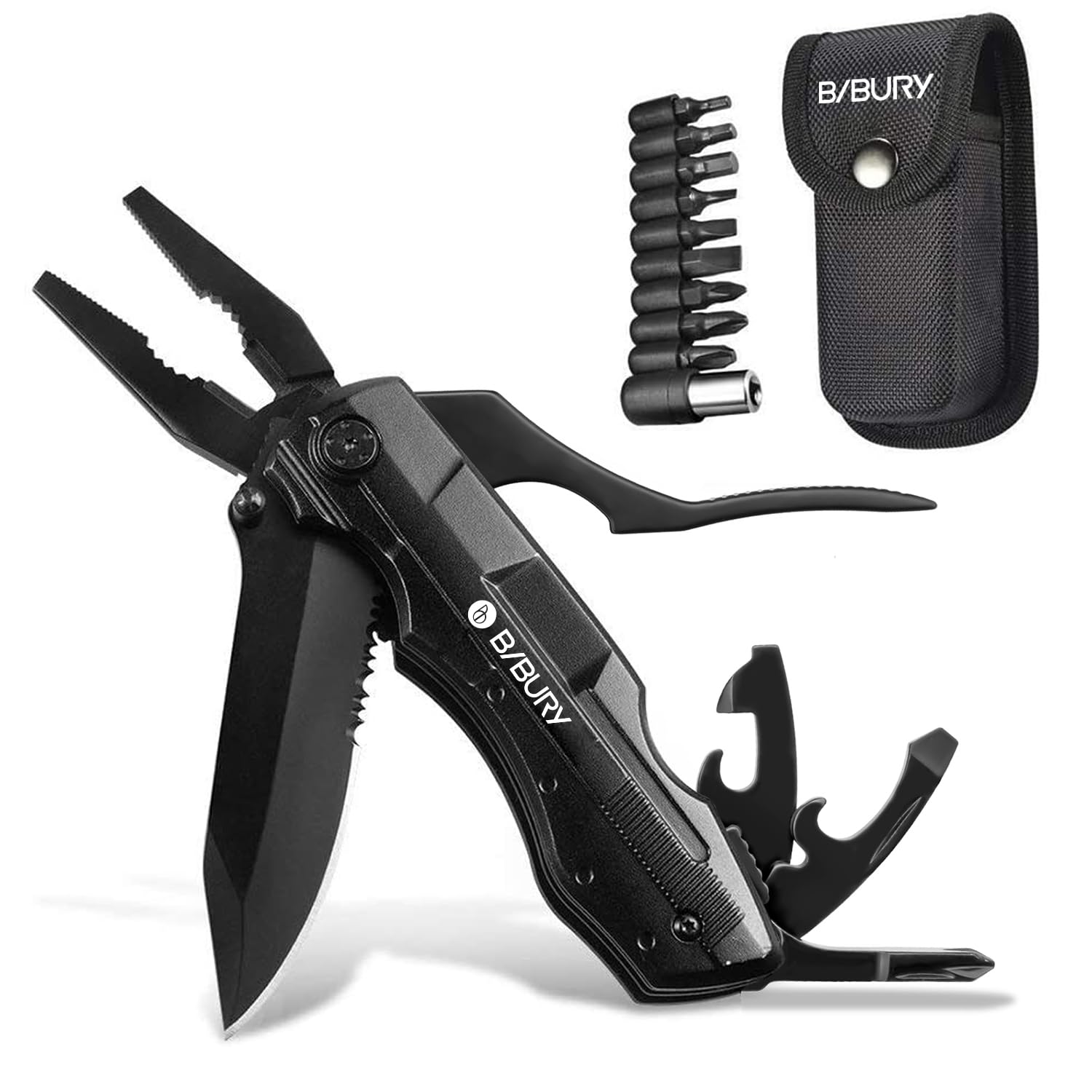 BIBURY Multitool, Coltello Multiuso, 5 in 1 Coltello Multifunzione in Acciaio Inossidabile, Pinza Multiuso con Coltello, Pinze, Cacciavite per Campeggio, Fai-da-te, Escursionismo, Caccia e Pesca