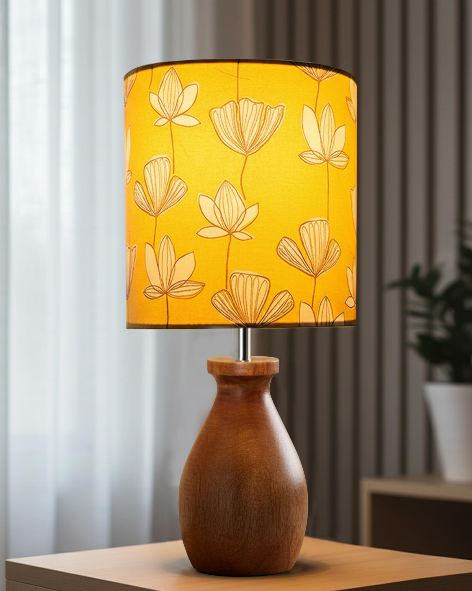Homesake® Rustic Wooden Dovel Pot Table Lamp with Printed Fabric Shade| Handcrafted Bedside Nightstand Light for Living Room, Bedroom, Office Cafe Home Décor,-image-9