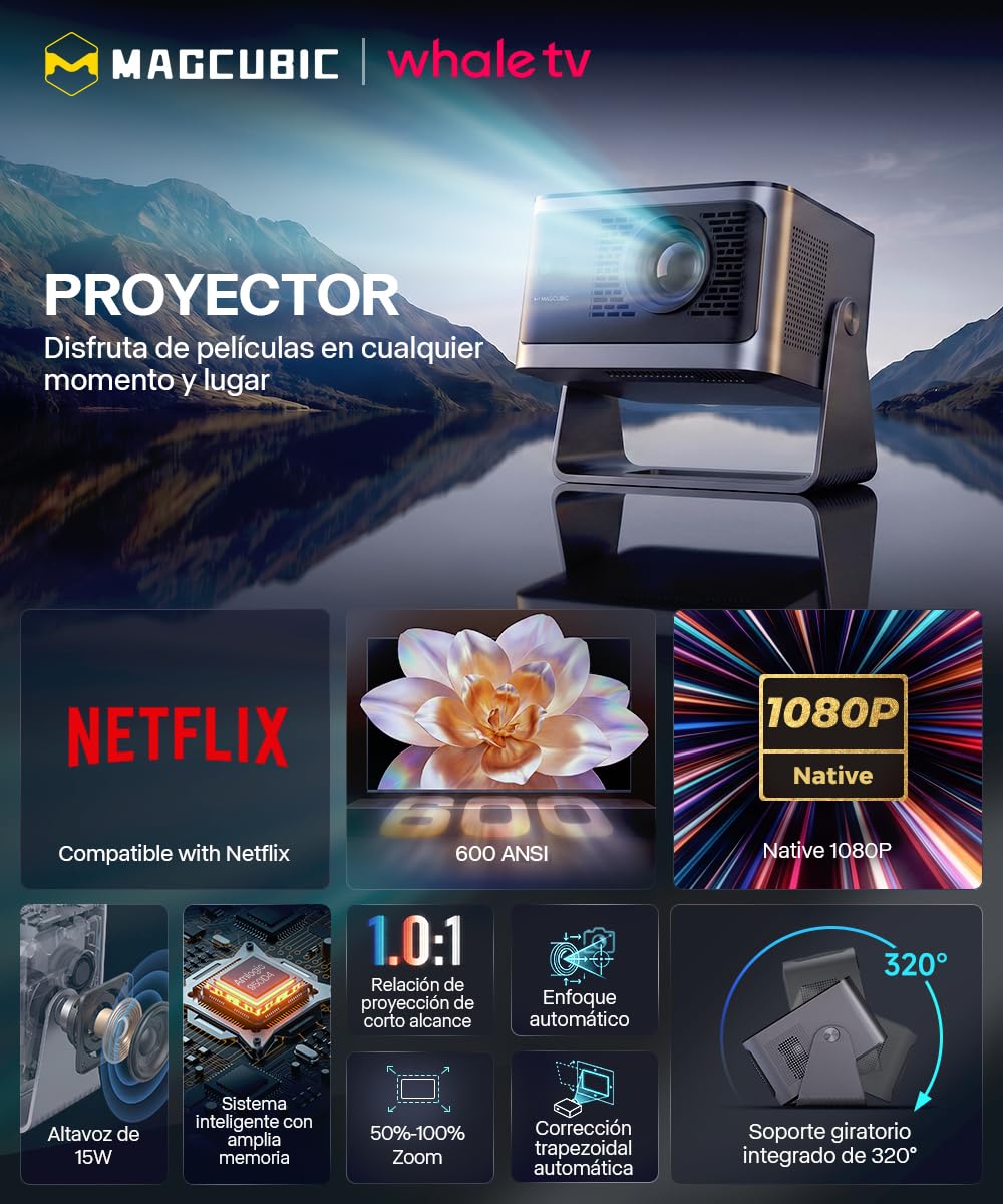 Magcubic Proyector 4k Soporte Nativo 1080P 【Compatible con Netflix】 | Proyector Portatil con enfoque automático, Bluetooth & WiFi y proyección 320° para cine en casa y exterior cine jardin
