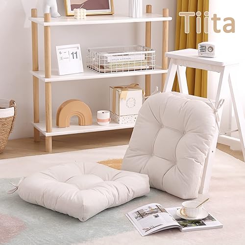 Miniatura 5 de Tiita Cojines para sillas de patio, de 19 x 19 pulgadas, cojín de asiento de exterior e interior con lazos, cojín de asiento de mimbre impermeable,