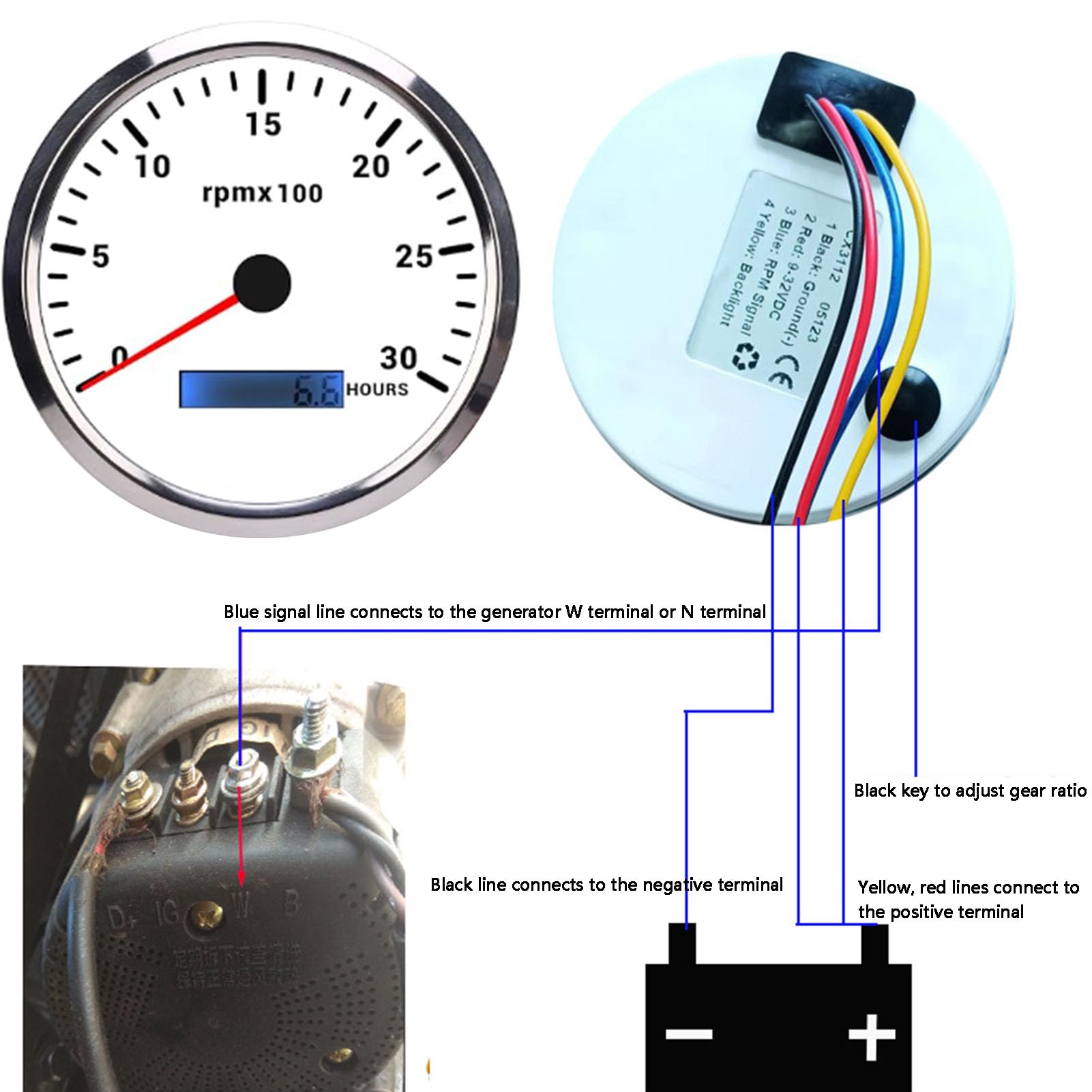 Sorandy Tacómetro con Horómetro, 3000 RPM (0-3000RPM White Dial Silver