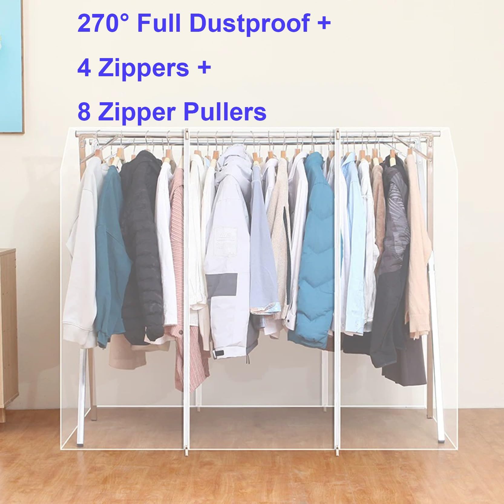 Große Kleiderständer Abdeckung mit 4 Reißverschlüssen, zusätzliche Breite 95 cm, Länge 140–180 cm, for X-förmige Kleiderstange, staubdicht, transparente PEVA(Clear,200x95x130cm)