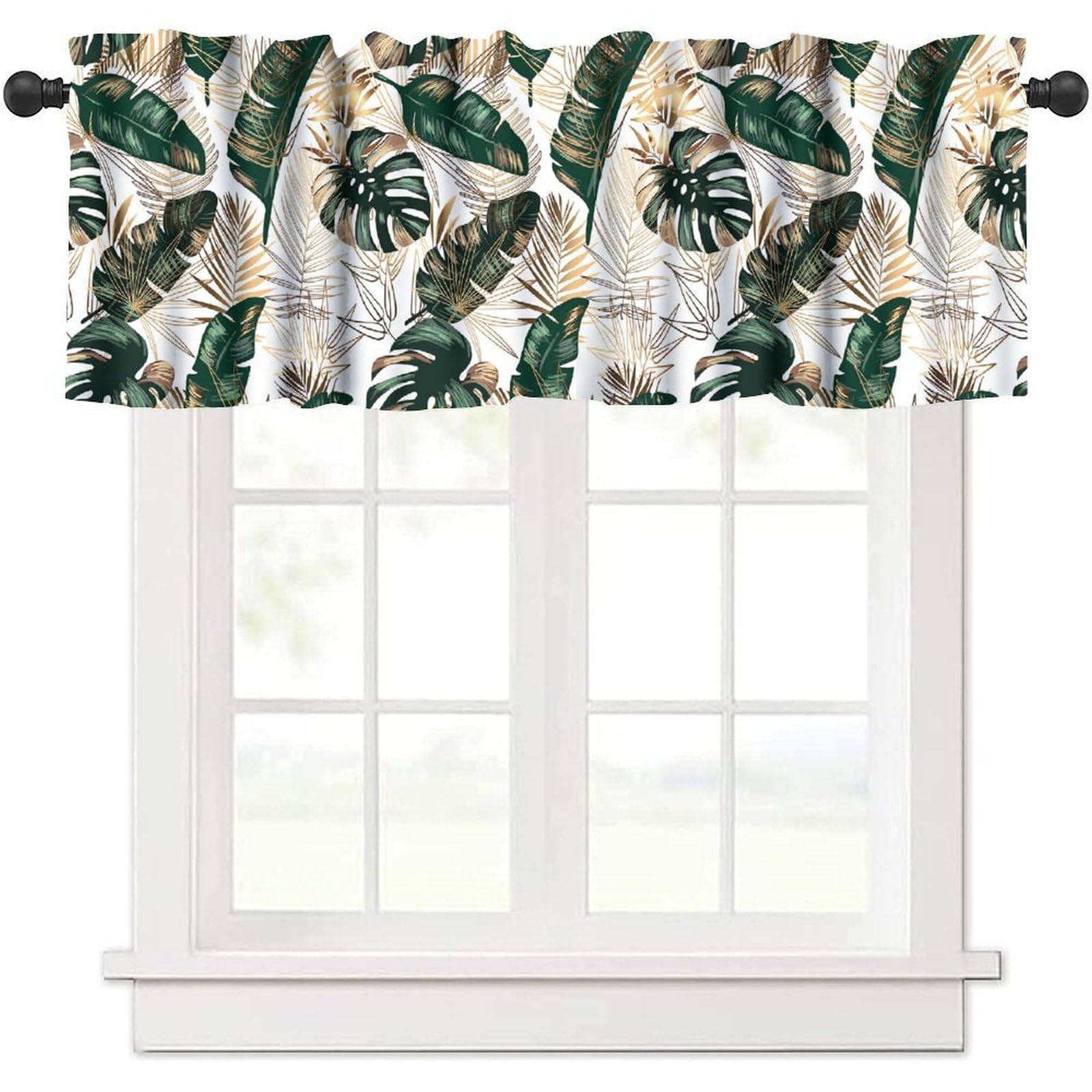 Gold Tropical Leaves Valance Curtains, Jungle Green Plam Tree Leaves Retro Boho Botanical Plant Modern Geometric Window Curtain Valance for Farmhouse Kitchen Bedroom Living Room 54x18inch