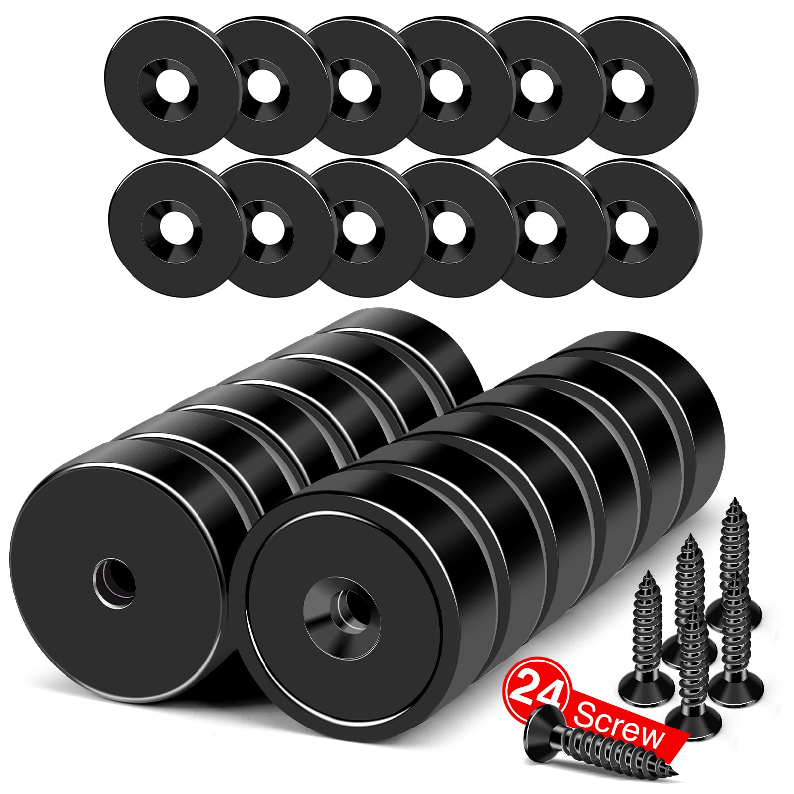 - MIKEDE Magnets, 40lbs Strong Magnet with Holes, Black Industrial Rare Earth Neodymium Magnet Heavy Duty Round Cup with Countersunk Hole with Screws for Wall Mounting - 12 Pack
