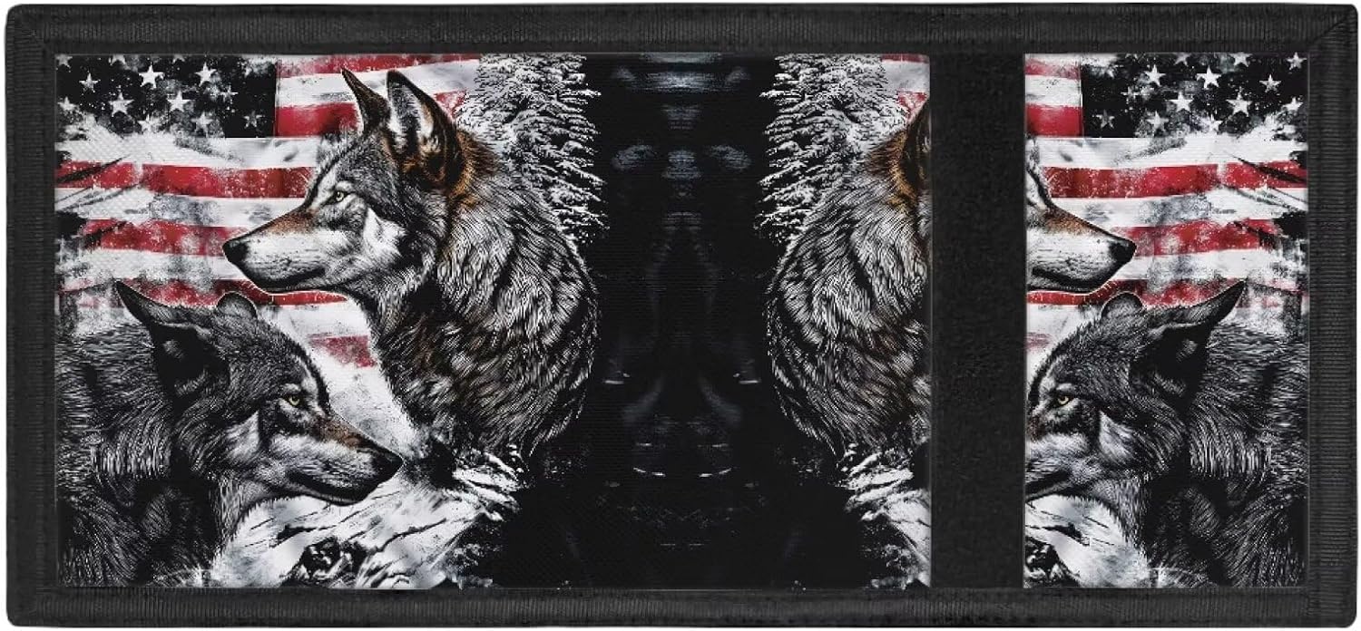 Cozeyat American Flag Kids Wallet for Boys, Wolf RFID Trifold Canvas Outdoor Sports Wallet for Kids,Kids Festivals gifts,Birthday Gifts Wallet - Image 3