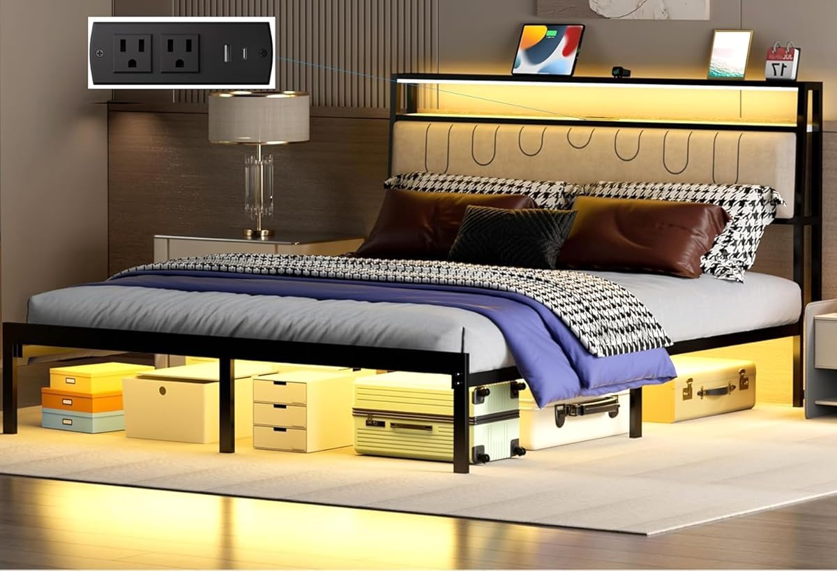 Full Size Bed Frame with LED Lights, Metal Platform Frame Upholstered Headboard, Charging Station, Storage Shelves, Heavy Duty Metal Slats, No Box Spring Needed, Noise Free, Easy Assembly, Black