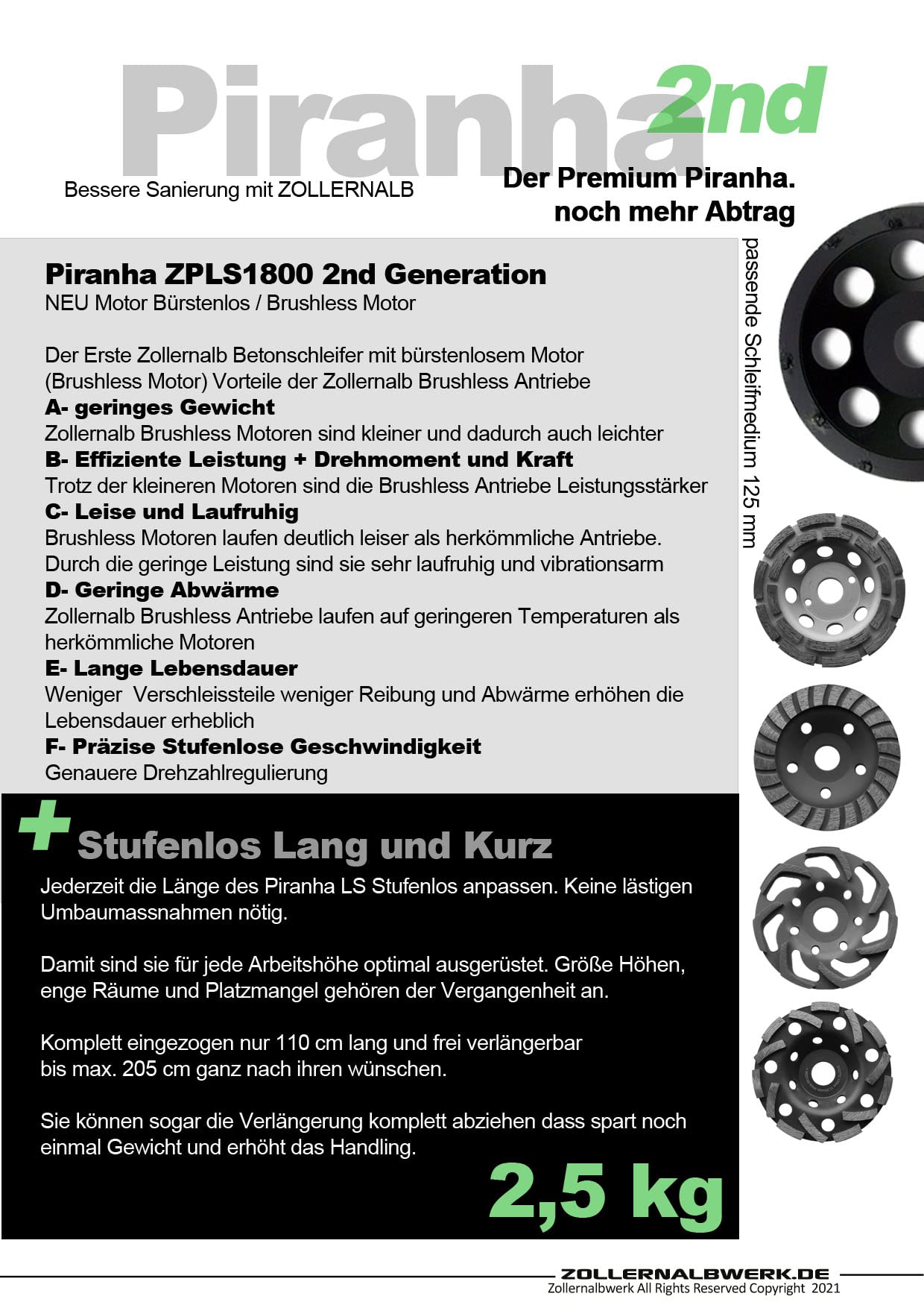 Piranha ZPLS1800 125 mm - HighPower Fräse Betonfräse Sanierungsfräse Betonschleifer 1800WATT Stufenlose Längenverstellung