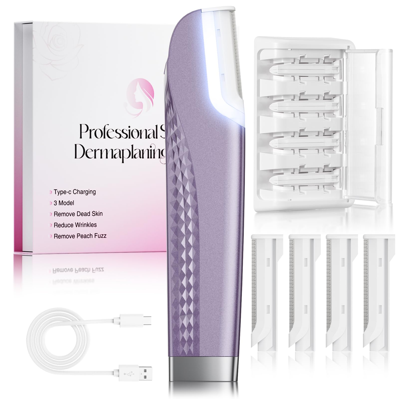 Dermaplane Razor For Women Face 3 Adjustable Dermaplaning Tool Facial Hair Removal Razors with Led Light for Peach