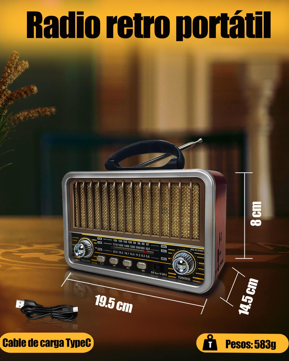 Radio Portátil Pequeña, AM/SW/FM, Bluetooth 5.0, Recargable, Soporte TWS/USB/Tarjeta TF, Retro para Cocina, Escritorio, Exterior (Blanco)