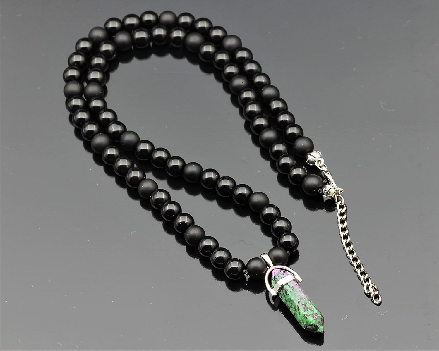 ElisaJewelryArt - Natural Pointed Onyx Pendant Natural Black Onyx Beaded Necklace Genuine Gemstone Strength Stone Clasp Closure Necklace Unisex Necklace - Image 5