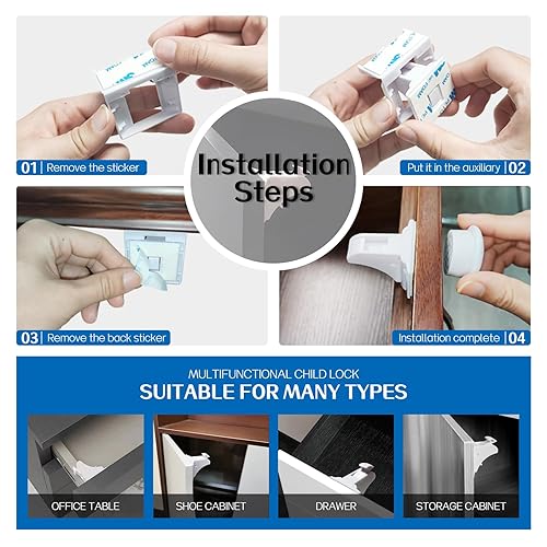 Miniatura 7 de Cerraduras magnéticas prémium para gabinete para bebé, paquete de 10 cierres invisibles de seguridad para niños con 2 llaves, cerraduras para bebés