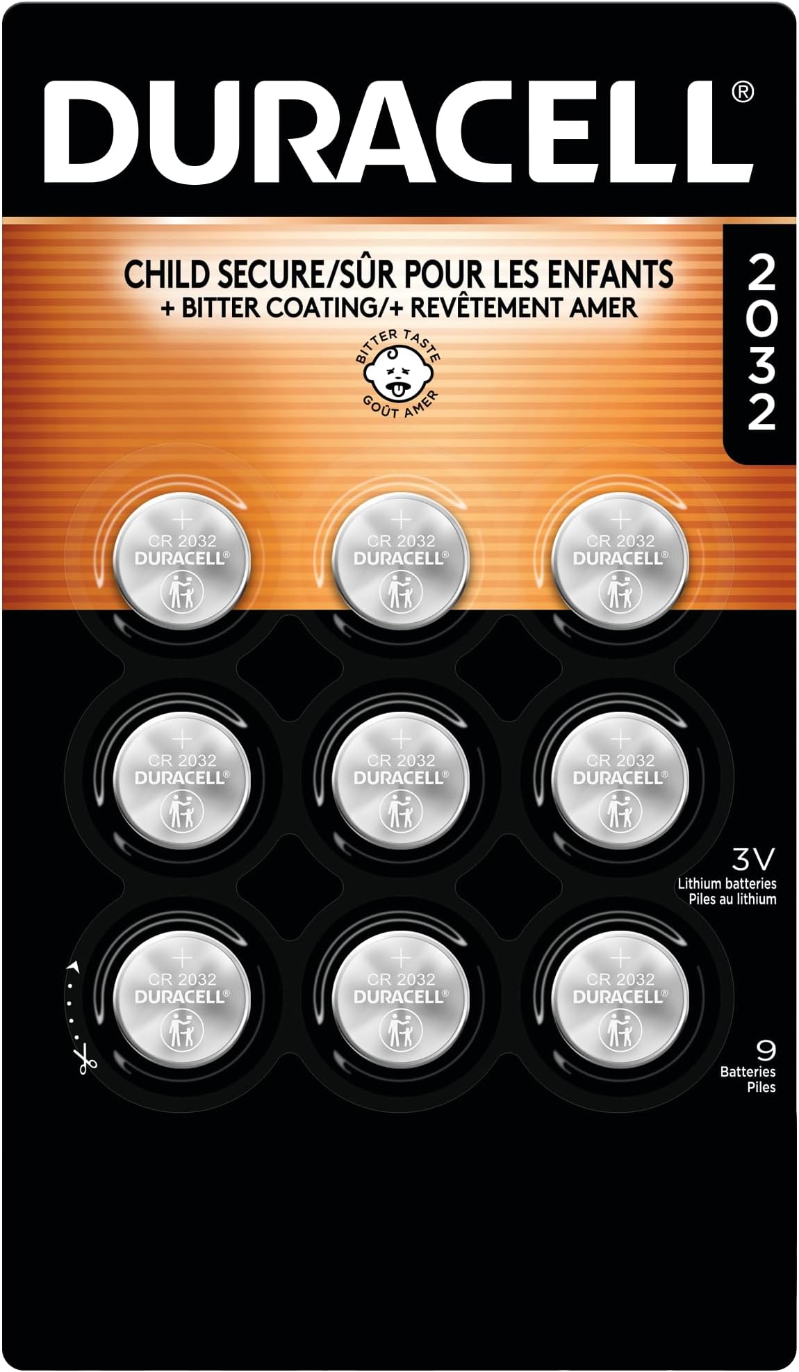 2032 Lithium Battery. 9 Count Pack. Child Safety Features. Compatible with Apple AirTag, Key Fob, and other devices. CR2032 Lithium 3V Cell. 2032 Battery, Lithium Coin Battery