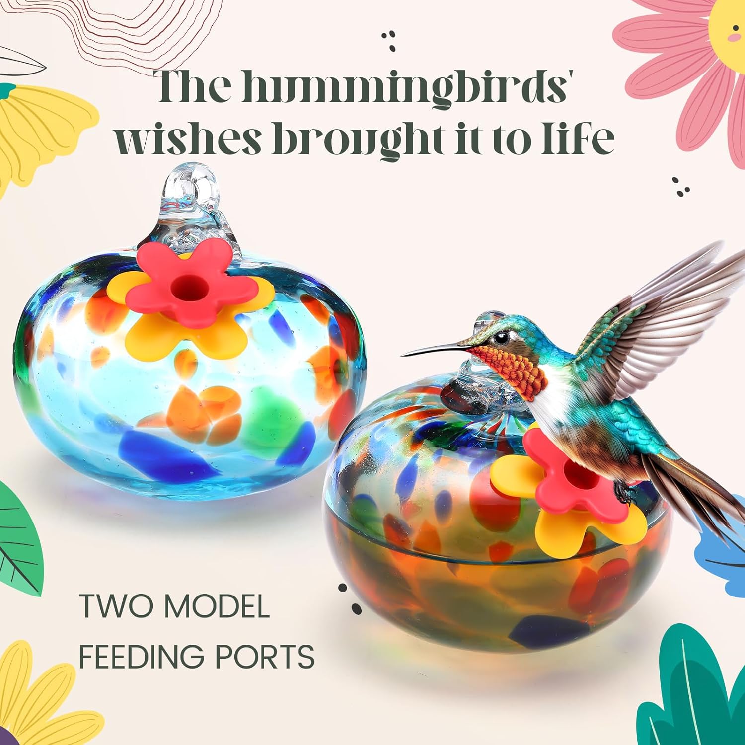 Chunful Hummingbird Feeders for Outdoors Hanging (6 Feeding Stations) Hand Blow Glass Hummingbird Feeder with Shepherd Hook and Adjustable Hight Bird Feeder for Outside, Home Garden Yard, Never Leak