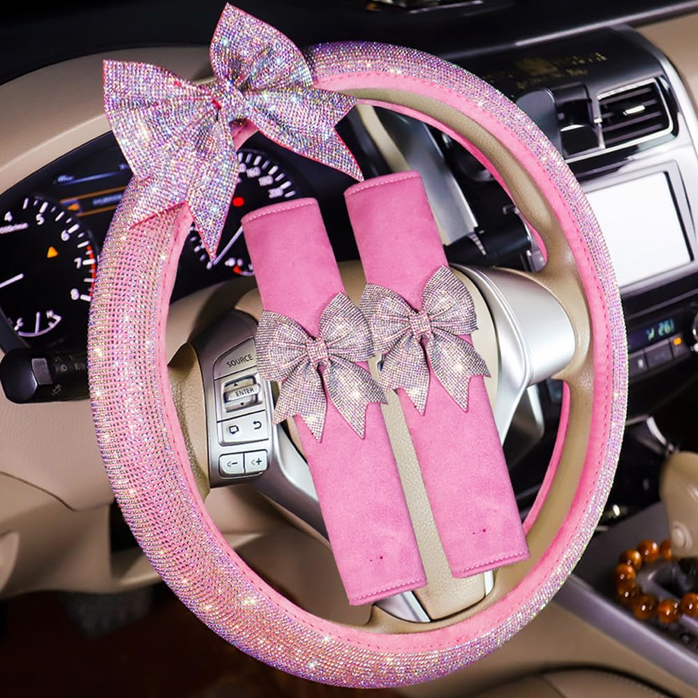 Auto Bling Interior Accessories Pink Car Steering Wheel Cover Soft Seat Belt Cover Crystal Bowknot Seatbelt Shoulder Pad Comfortable Gift for Girls Women Gift 3 Pack
