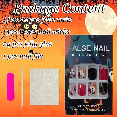 Miniatura 5 de 24 uñas postizas cuadradas cortas de Halloween, con pegamento, diseño de araña, estrella, murciélago, acrílico, cobertura completa, color negro,
