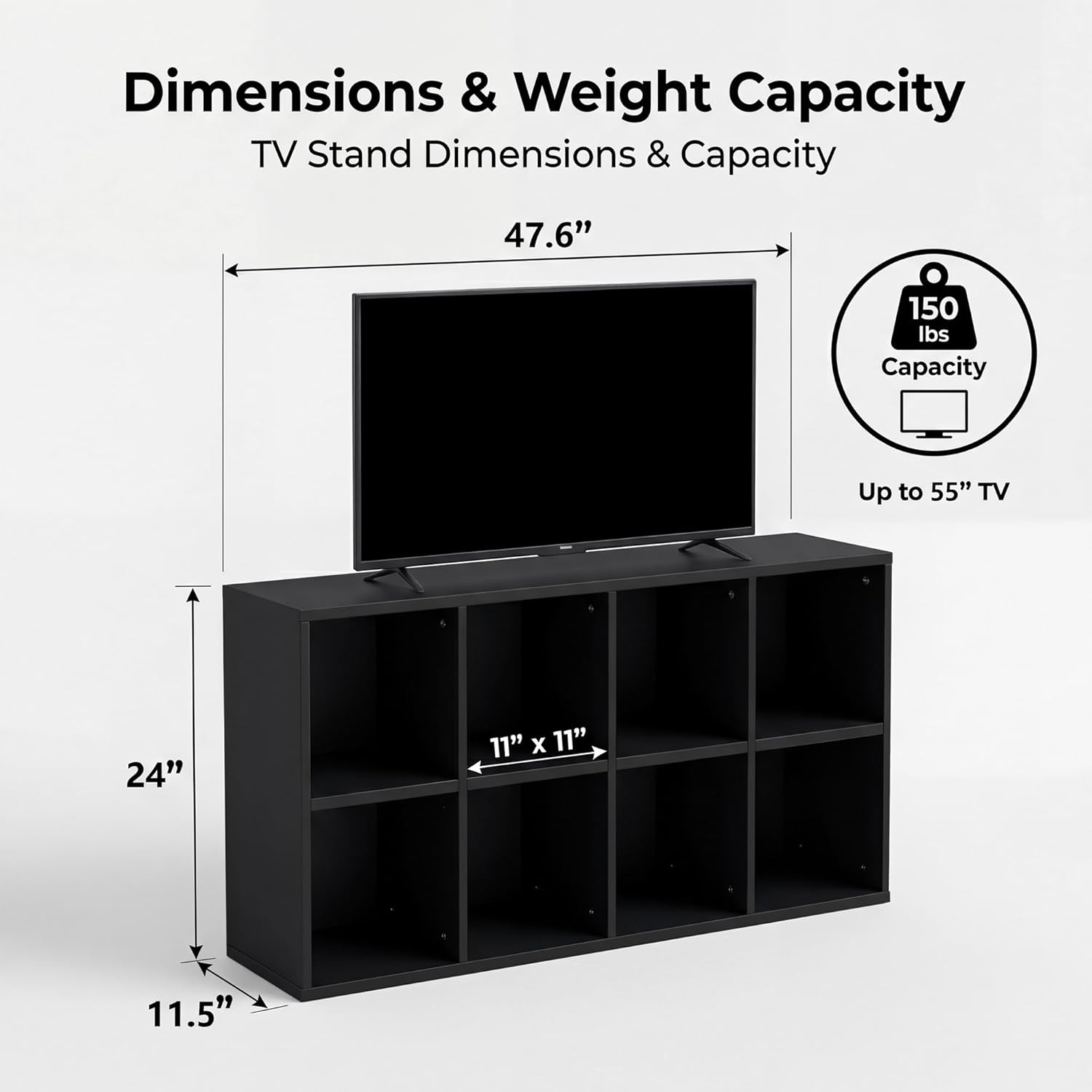Diagram showing TV stand dimensions and weight capacity