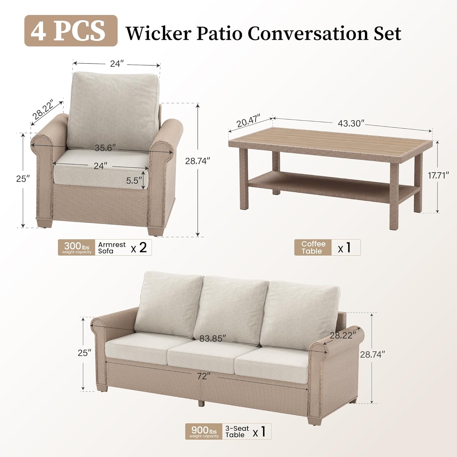 SUNSHINE VALLEY Patio Furniture Set 4 pcs, Wicker Rattan Sofa with 5.5” Thick Waterproof Cushions, 2 Chairs and Coffee Table, All Weather Outdoor Conversation Set for Backyard Deck, 5 Seats Beige