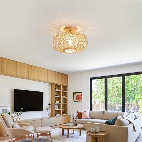 Miniatura 7 de Lámpara de techo de ratán bohemio de 13 pulgadas, bambú natural y madera tejida a mano, iluminación de granja de montaje empotrado para dormitorio,