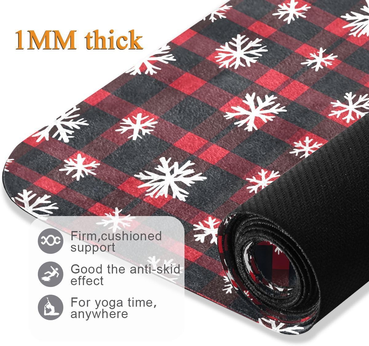 ALAZA Red Black Plaid Snowflake Pattern Yoga Mat Non Slip Fitness Exercise Mat, Workout Mat for Yoga, Pilates and Floor Exercises
