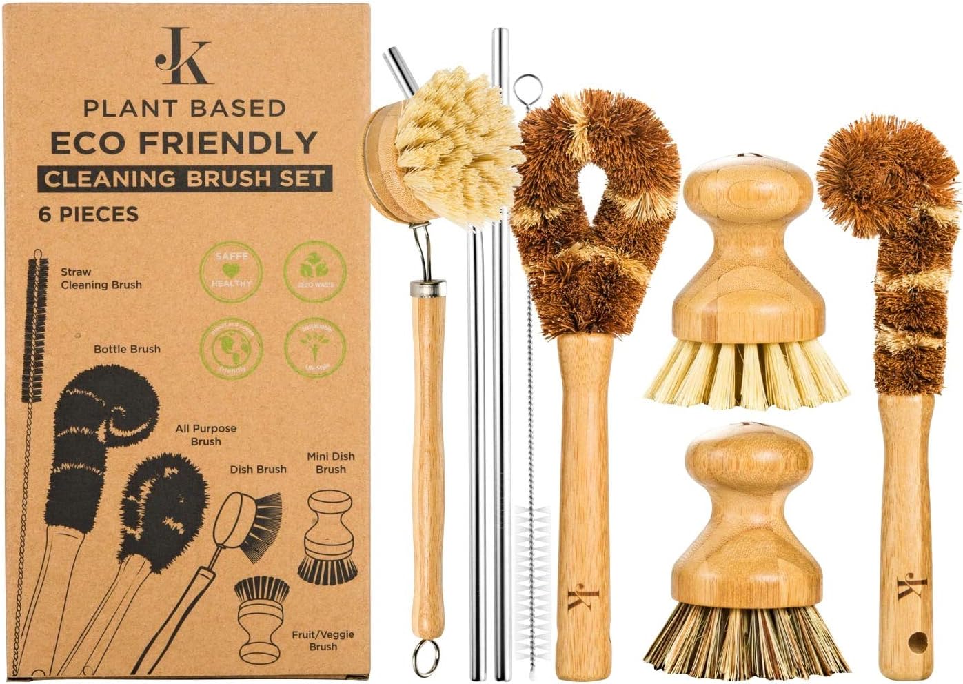 J&K Ink Natural Bamboo Dish Scrub Brush Set Eco Friendly