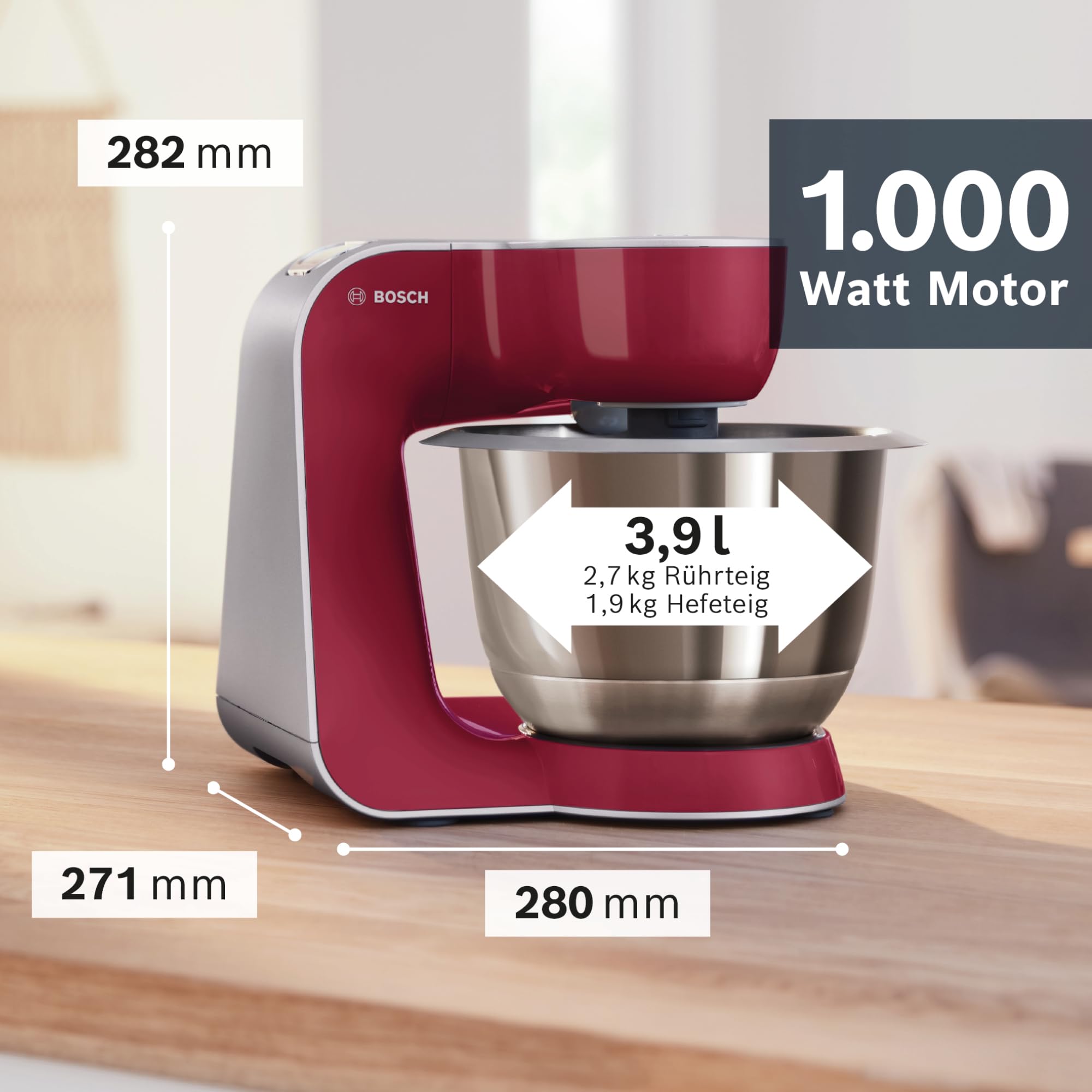 Bosch Küchenmaschine Serie 4, Edelstahl-Schüssel spülmaschinenfest, Planetenrührwerk, Durchlaufschnitzler, 3 Scheiben, 3 Rührwerkzeuge spülmaschinenfest, 1000 W, Made in Europe, rot, MUM58710