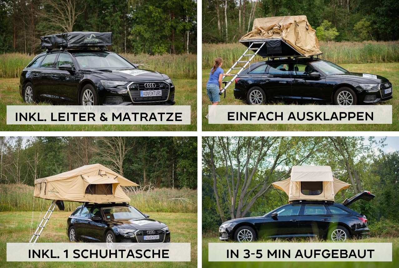 Adventurer140 Tente de Toit pour Voiture avec Maille 3D, Résistant à la Pluie, Coupe-vent, Ventilation 3D, 240 cm x 140 cm x 130 cm, 2 Personnes, Camping Automobile