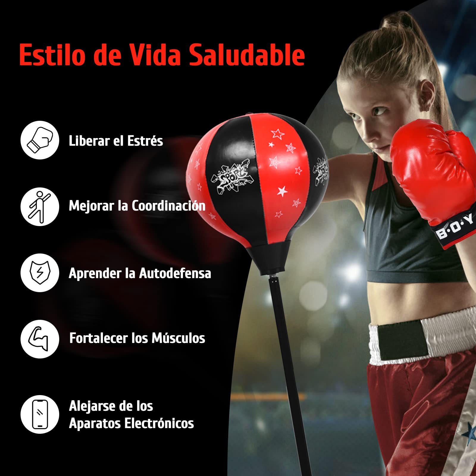 COSTWAY Saco de Boxeo de Altura Regulable de 85 a 130 cm, Juego de Boxeo para Niños de Pie con Guantes de Boxeo y Bomba Manual, Adecuado para Niños y Niñas a Partir de 8 Años