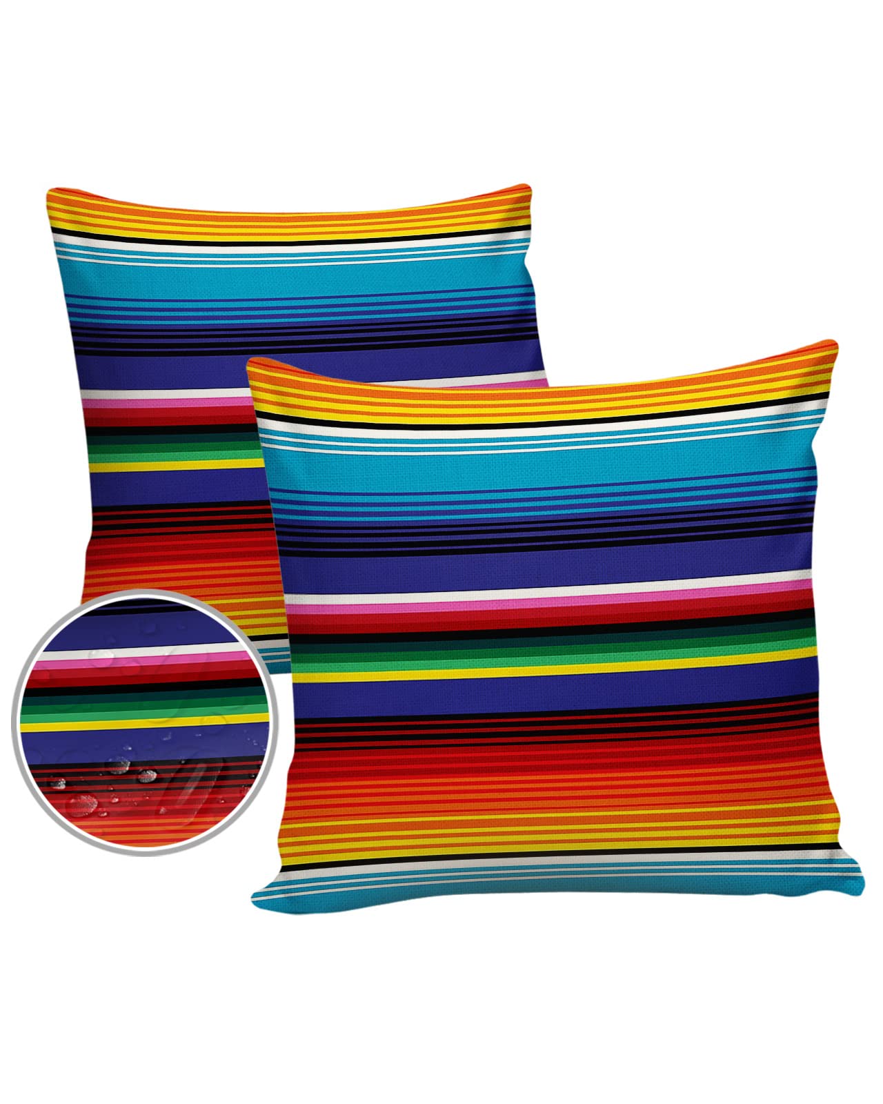 Edwiinsa Outdoor Pillow Covers Waterproof, Blue Yellow Stripes All Weather Cushion Case Set of 2, Colorful Mexican Decorative Pillowcases for Sofa Couch Bed Decor Patio Furniture 24