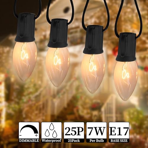 Miniatura 3 de Bombillas de repuesto C9 transparentes incandescentes paquete de 25 bombillas de repuesto para luces de Navidad C9, base intermedia E17, 7 vatios