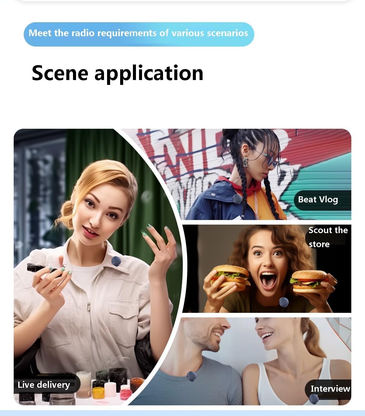 Person wearing the Q8 collar microphone during various activities like live streaming and interviews