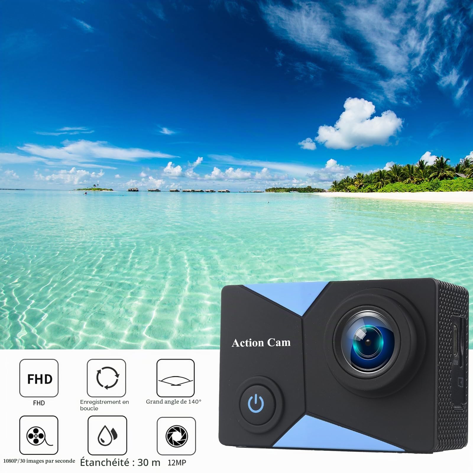 WiFi Camera Sport 1080P,12MP Caméra Sport,Camera Moto équipée de 2X×1050mAh Batteries,Action Cam Sportive Étanche Dashcam et Accessoires pour Casque et Vélo, etc.