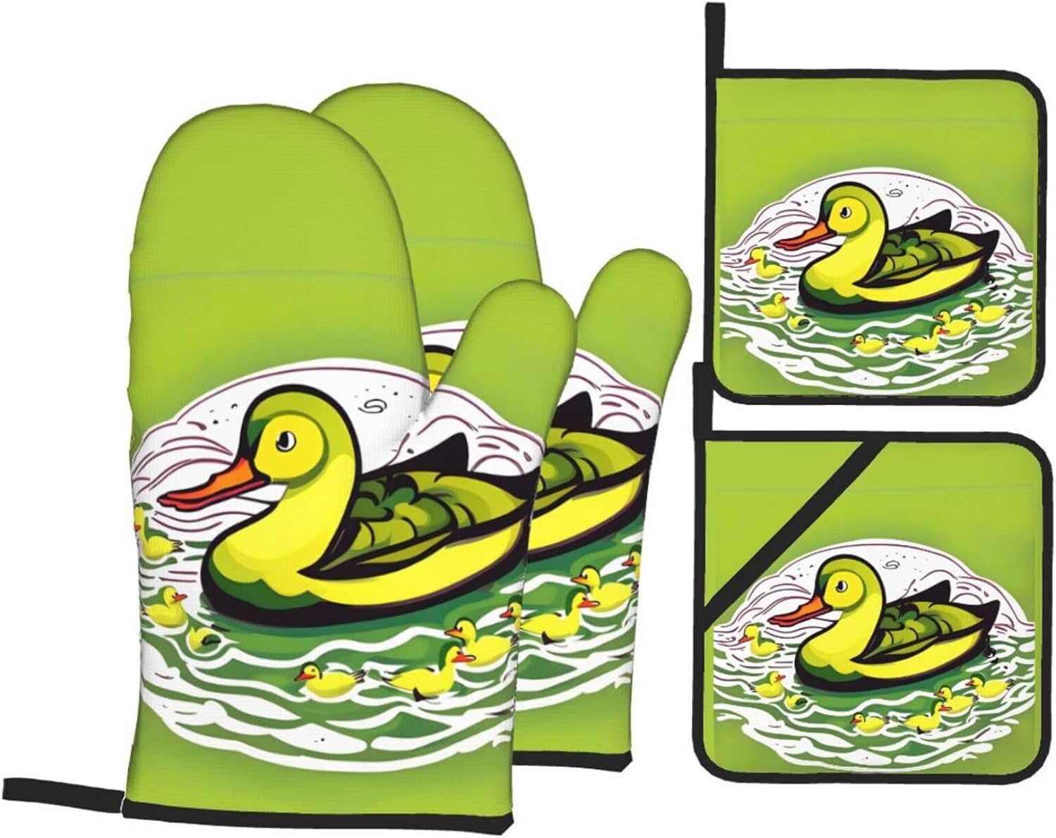Duck Flock game Oven gloves and heat-resistant mat 4-piece set. Suitable for grilling, microwave oven frying, and baking