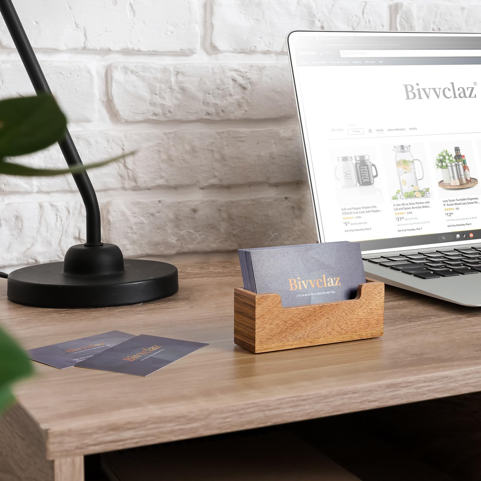 Bivvclaz Soporte para tarjetas de visita para escritorio, organizador de tarjetas de visita de madera de acacia, soporte de exhibición de tarjetas de visita para oficina, hogar, mesa, exposición,