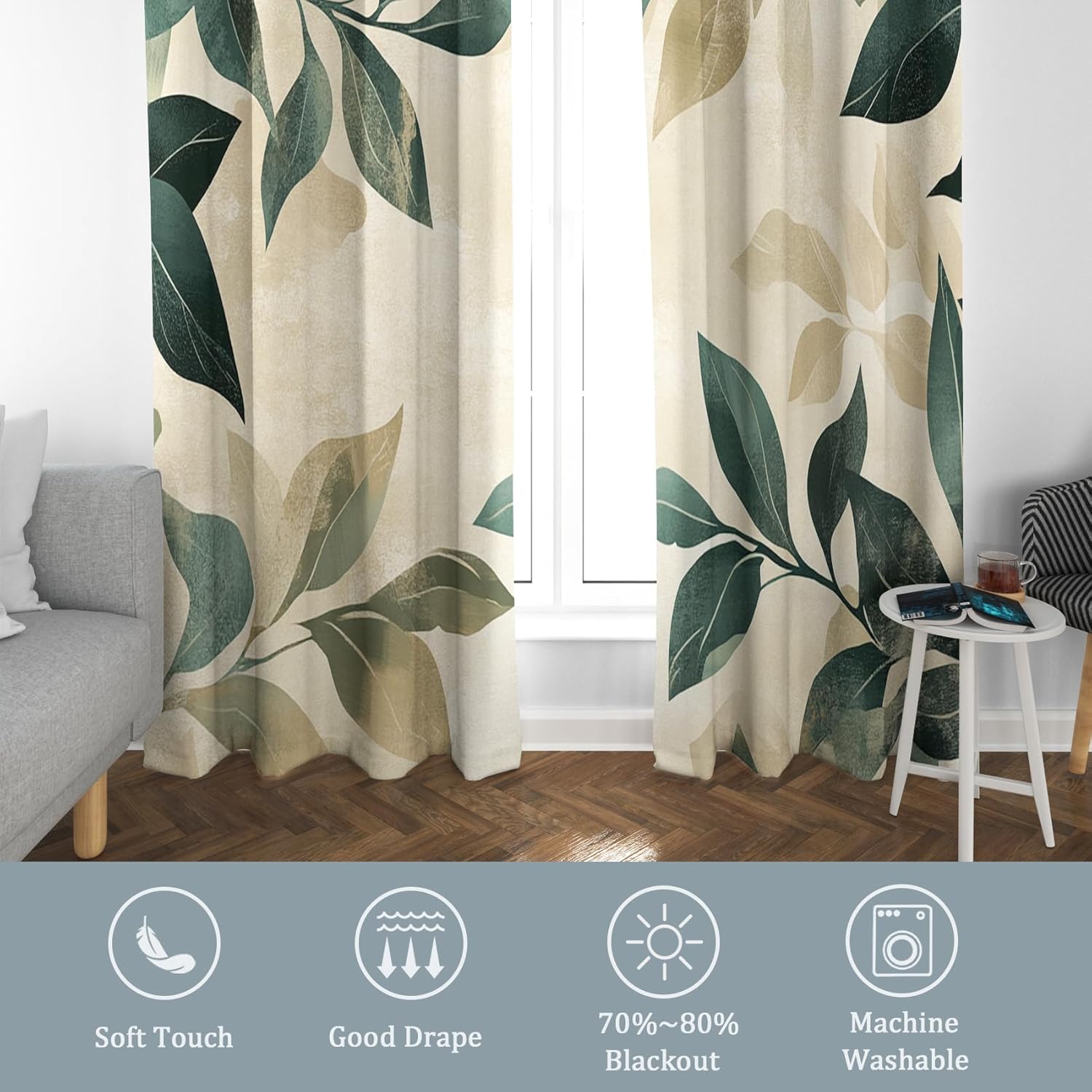 Green Leaf Curtains for Bedroom, Green Leaf Drapes 63 Inch Length 2 Panels Set, Distressed Botanical Blackout Curtains for Living Room Home Decor, Patterned Grommet Drapes ABC104