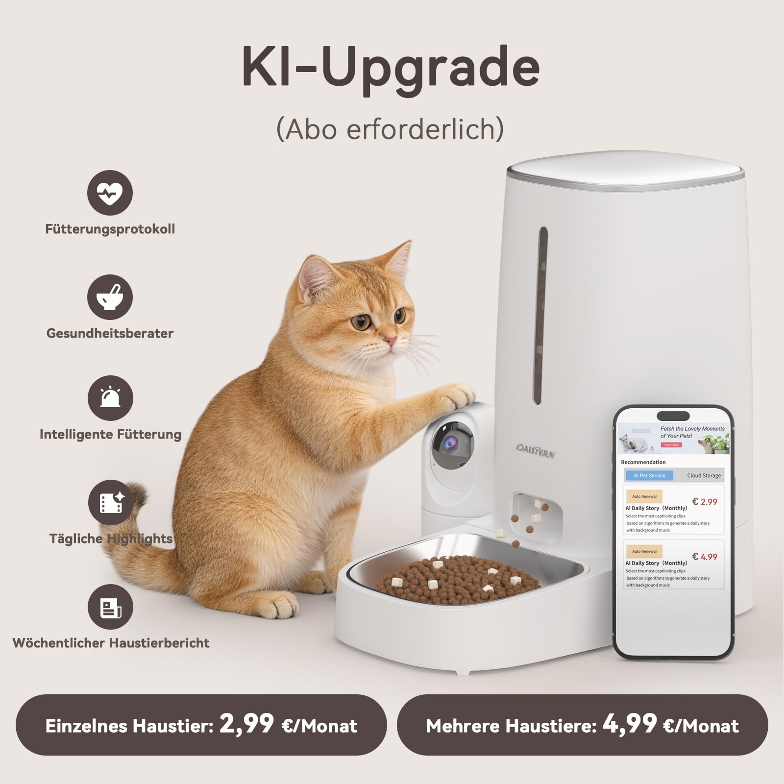 Futterautomat Katze Hunde mit Kamera 4L, Katzenfutter Automat mit 1080P HD-Video mit Nachtsicht & Zwei-Wege-Audio, Abnehmbare Kamera, 2,4G/5G WiFi App-Steuerung, KI Funktion