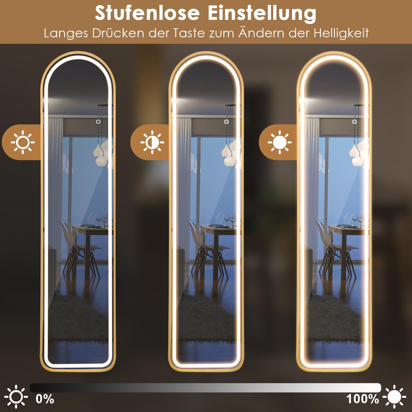 RELAX4LIFE LED Ganzkörperspiegel, 2-in-1 Standspiegel mit 3 Farben dimmbar, Wandspiegel mit Alu-Rahmen & Touch-Schalter, Spiegel für Wohnzimmer Schlafzimmer Eingangsbereich, 155 x 37 cm (Bogen)