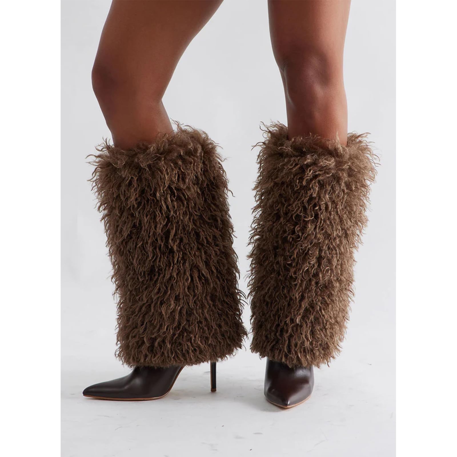 Fur Knee High Boots for Women Pointed Toe Stiletto Heel Fold Over Tall Boots Fashion Wide Calf Long Booties: 8 Chocolate