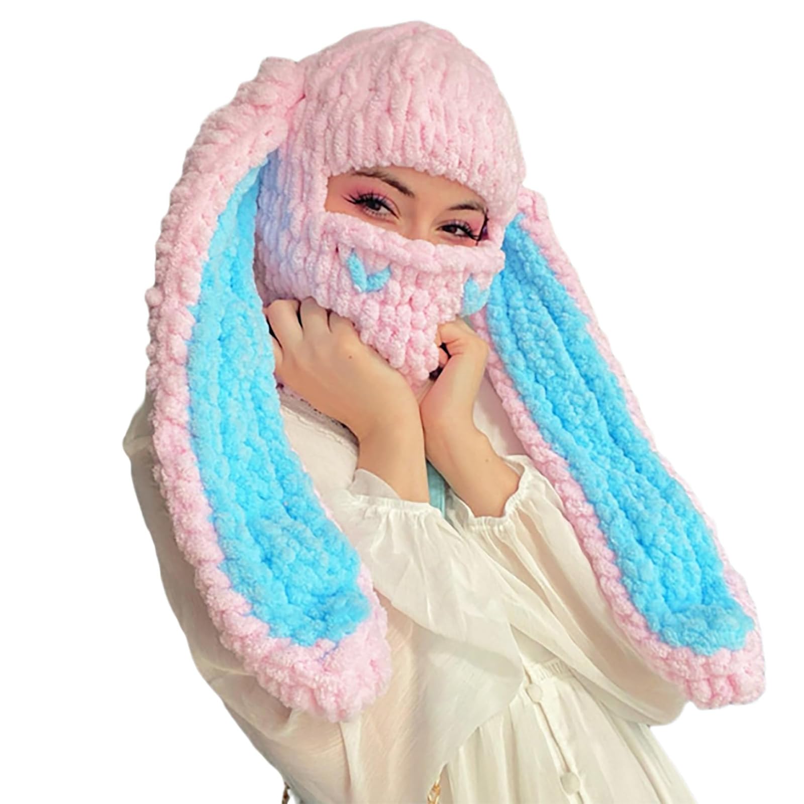 RvnsuCute Y2k Knit Balaclava Crochet Rabbit Face Mask Winter Warm Hats Slouchy Bunny Ear Skull Beanie for Women Men
