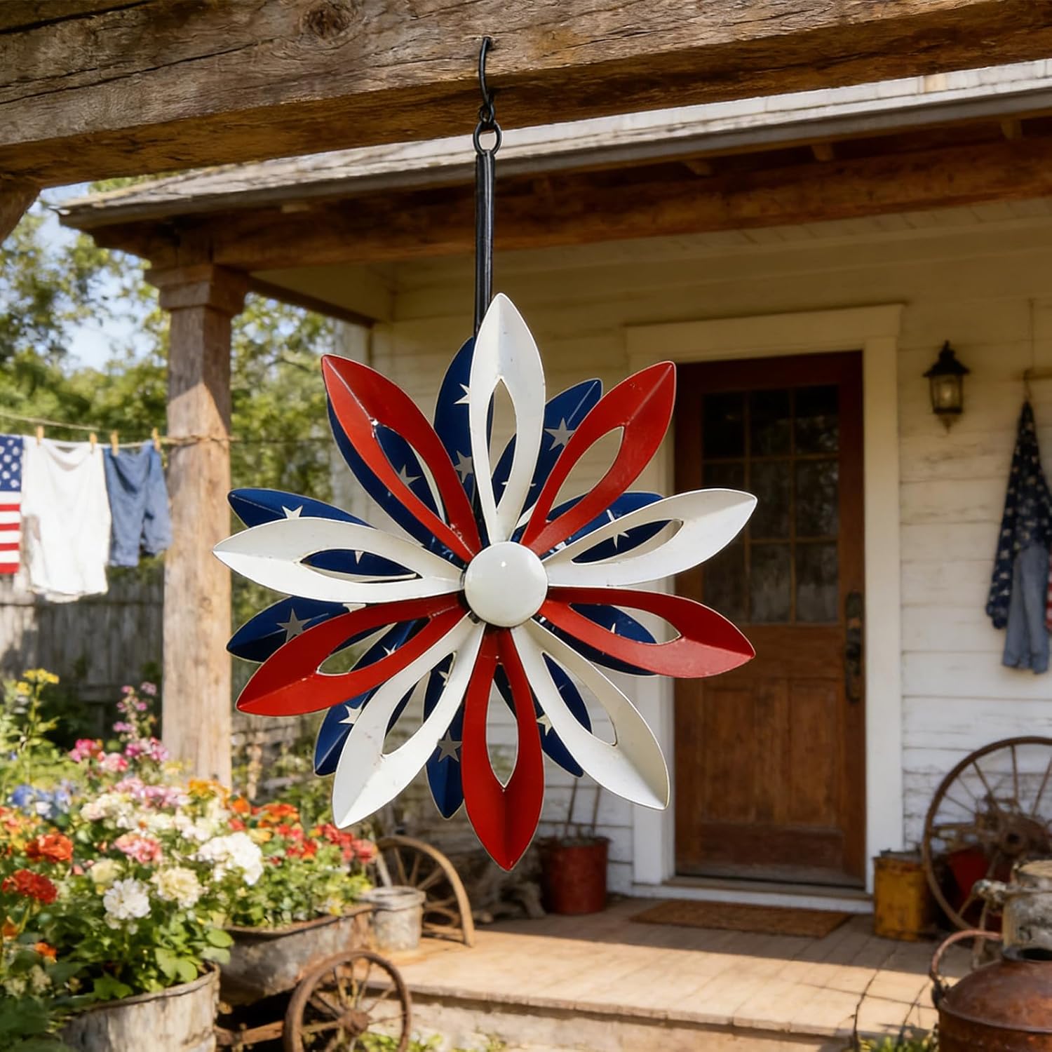 1 Set Wind Spinners Outdoor Metal: Patriotic Garden Windmill Decor Kinetic Pinwheel Sculptures for Yard Garden Lawn, Flag Day, Fourth of July Celebrations