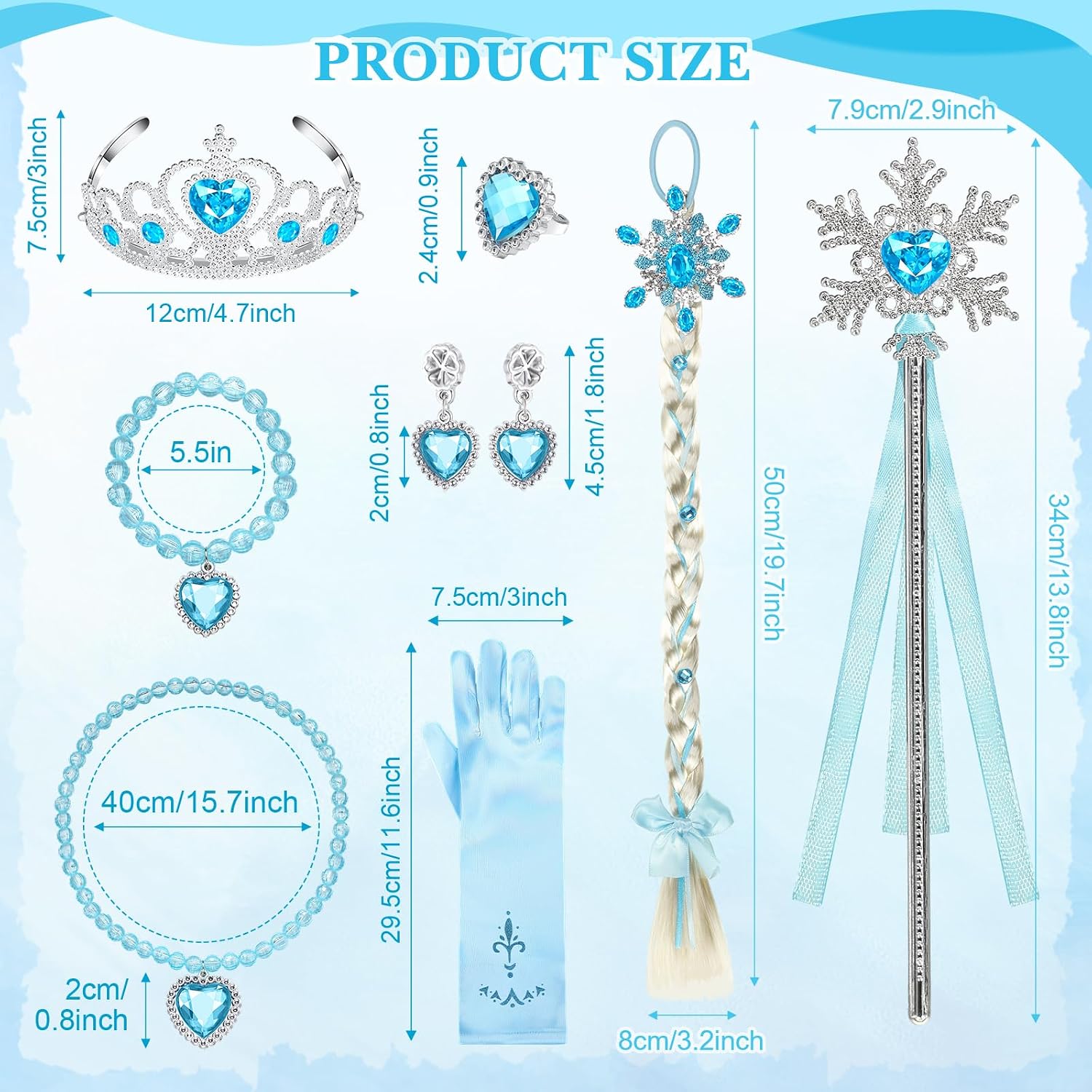 Lyrow 8 Pcs Princess Dress up Party Accessories Include Dress up Jewelry Princess Wand Gloves Fake Crown Wig Ring Necklace Bracelet Earring for Girls Cosplay Costume Set Holiday Birthday Party Favors