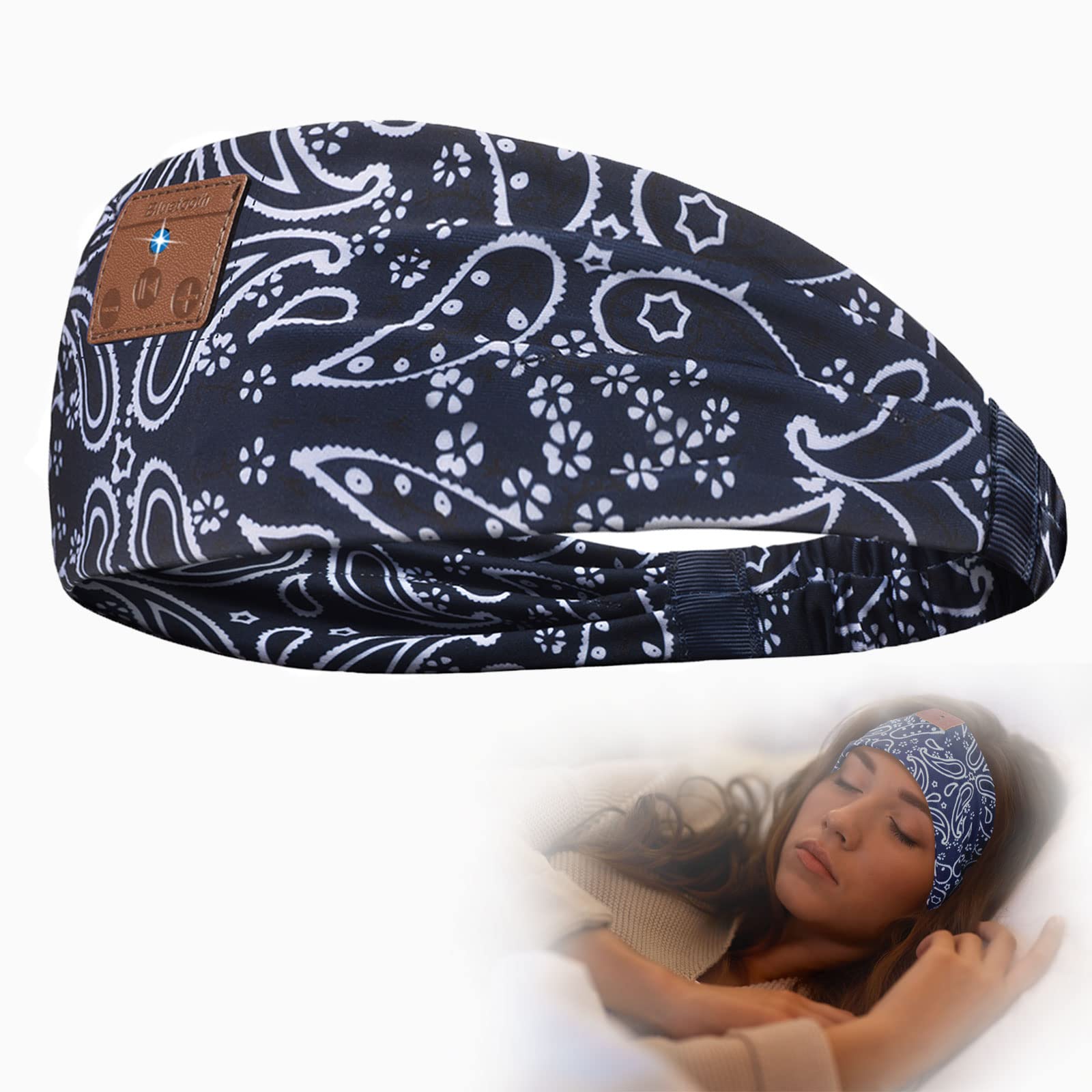 Sleep Headphones Bluetooth Headband, Soft Wireless Bluetooth Headband Headphones Perfect for Side Sleeper, Boho Headband with HD Speakers for Workout, Running, Yoga, Meditation, Gift(Blue)