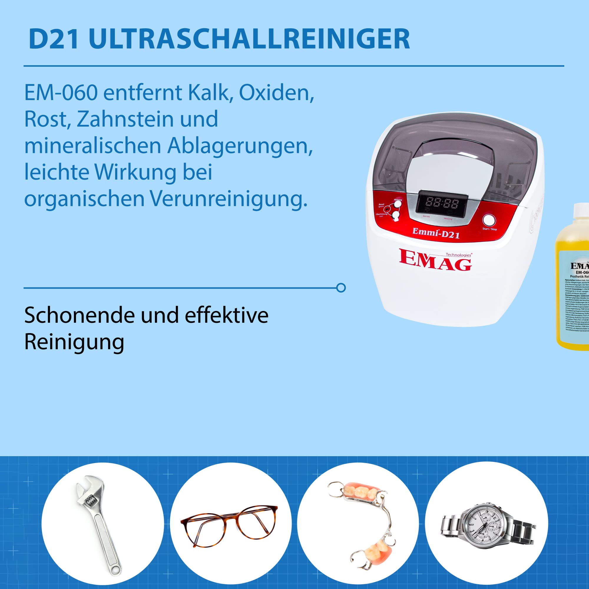 EMAG Ultraschallreiniger D21 – Brillenreinigungsgerät & Schmuckreiniger, auch für Dentalprodukte & Uhren, leistungsstarkes Ultraschallreinigungsgerät aus Deutschland - gründlich & schonend reinigend