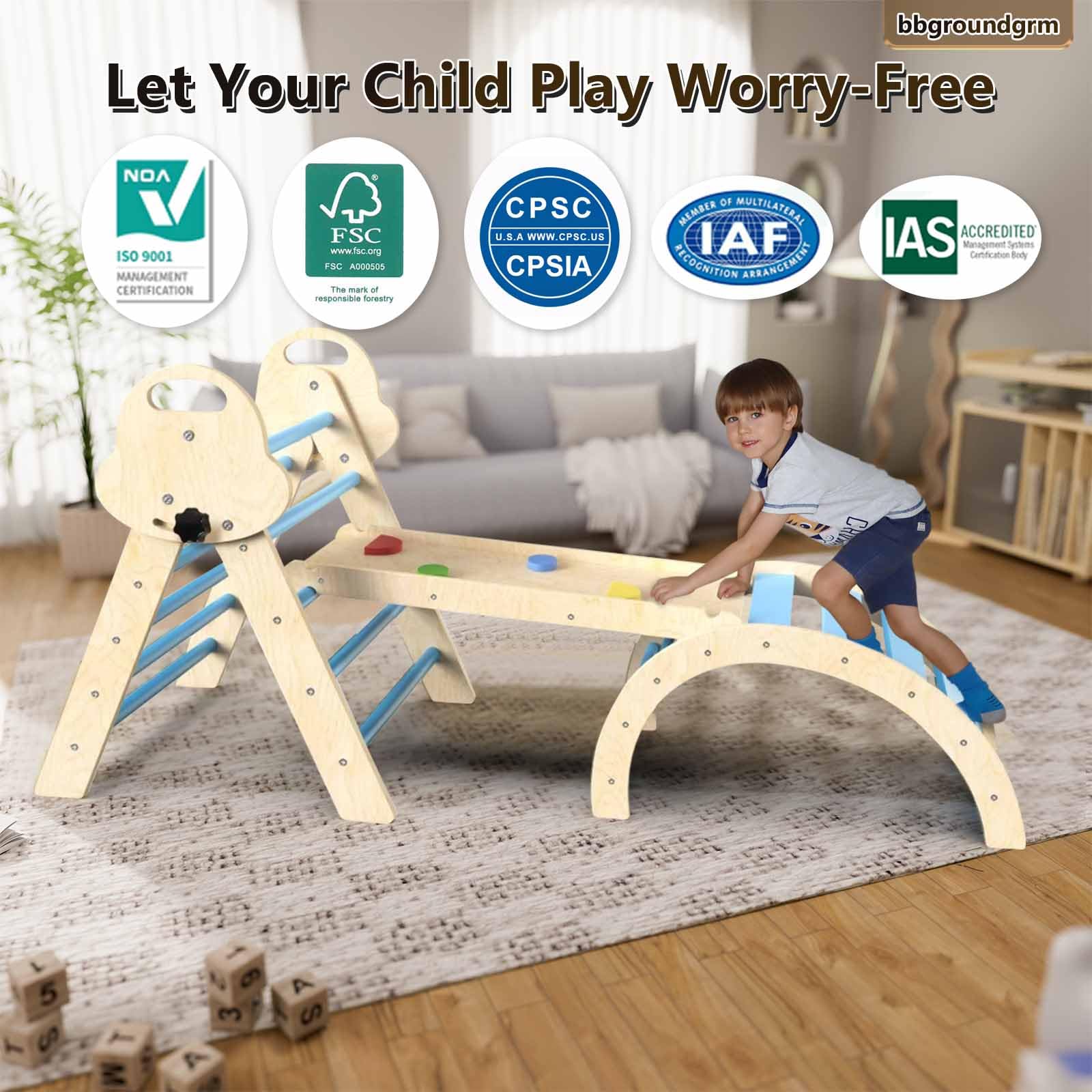 7 in 1 Pikler Triangle Set with Cushion, Wooden Climbing Toys for Toddlers 1-3 Inside, Indoor Playground Jungle Gyms with Ramp, Arch and Ladder