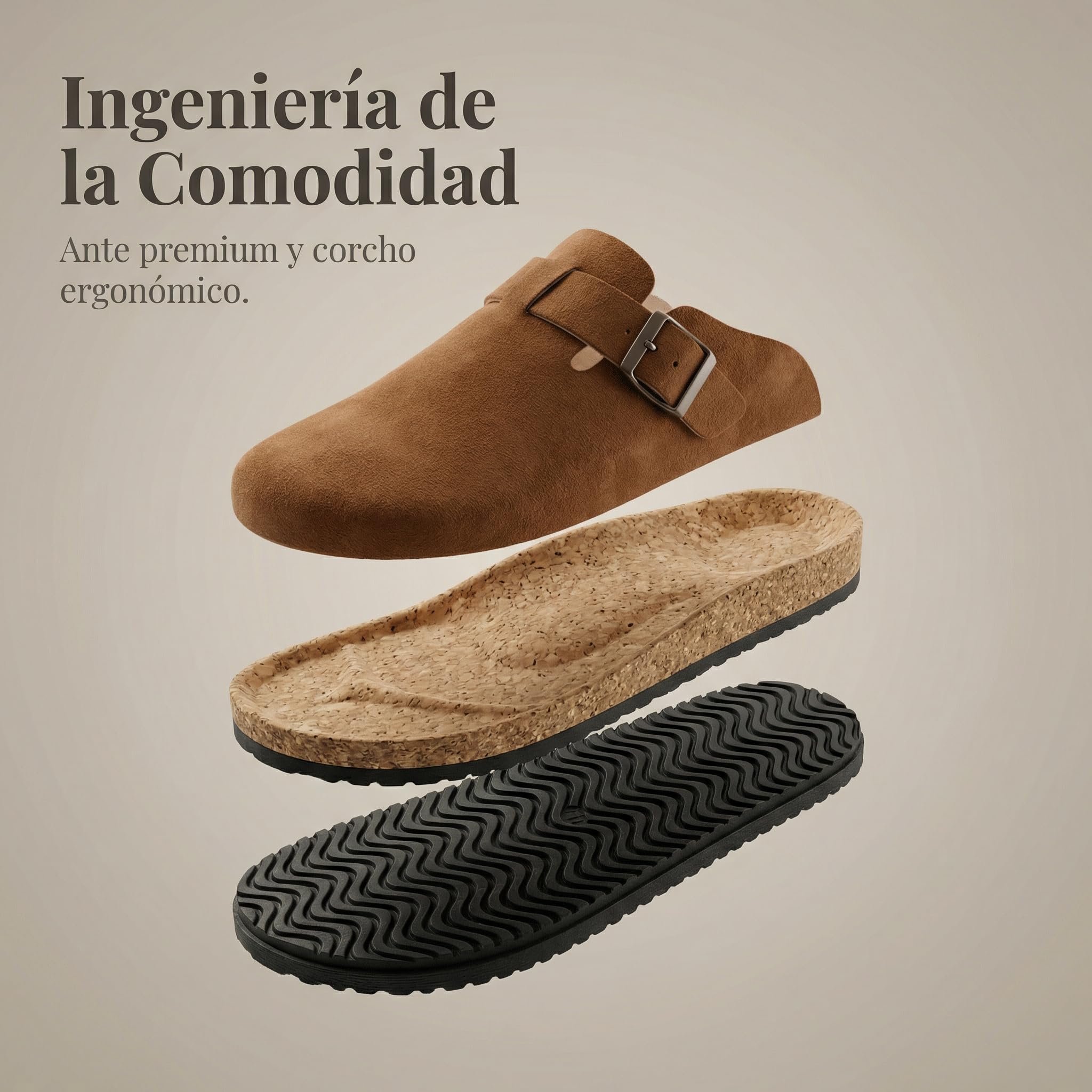 GLAMORA Zuecos Mujer Cerrados con Hebilla Ajustable, Ante, Planos, Cómodos, Casual, Plantilla Anatómica de Corcho, Suela Antideslizante, Sin Cordones