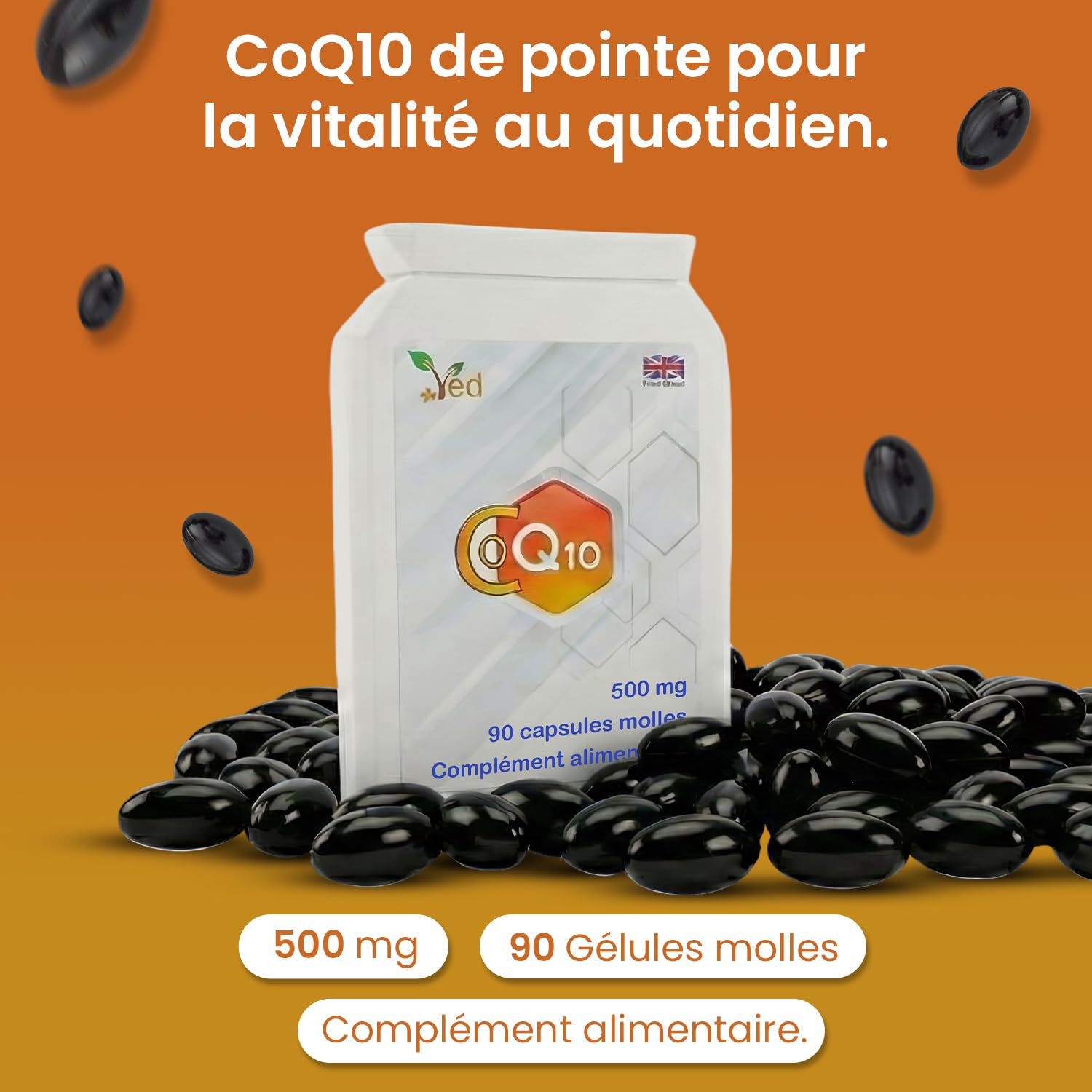CoQ 10, coenzyme Q10 500 mg, 360 capsules molles (gélules), 1 an d'approvisionnement. Qualité BPF garantie.